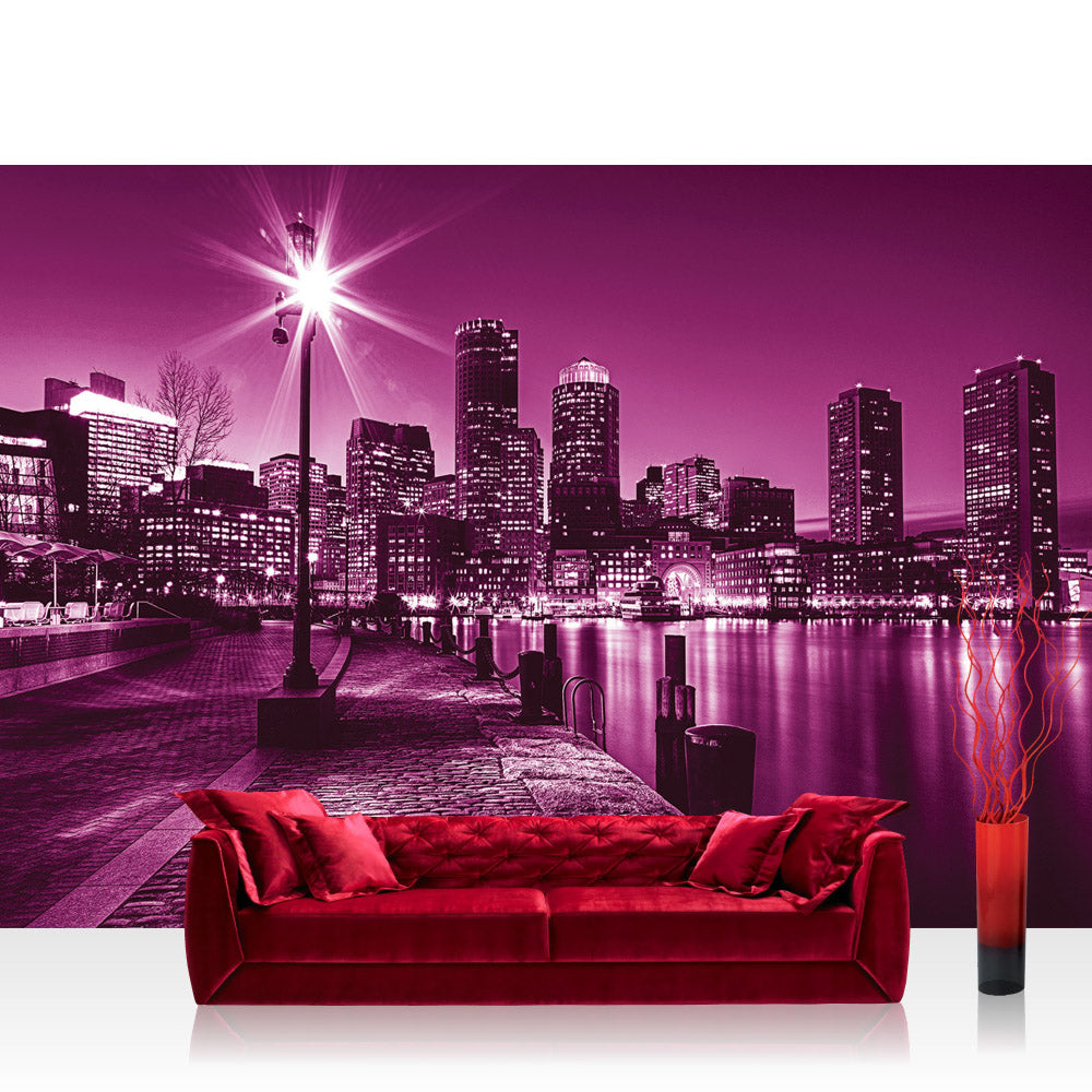 Nonwoven photo wallpaper New York wallpaper lantern night skyline lights river purple