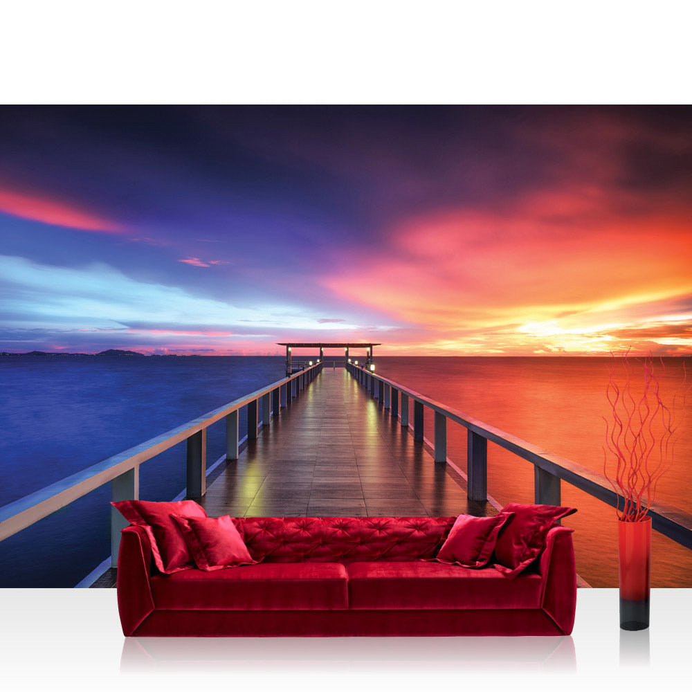 Nonwoven photo wallpaper sea wallpaper sunset jetty sea wood lights water sky sunrise