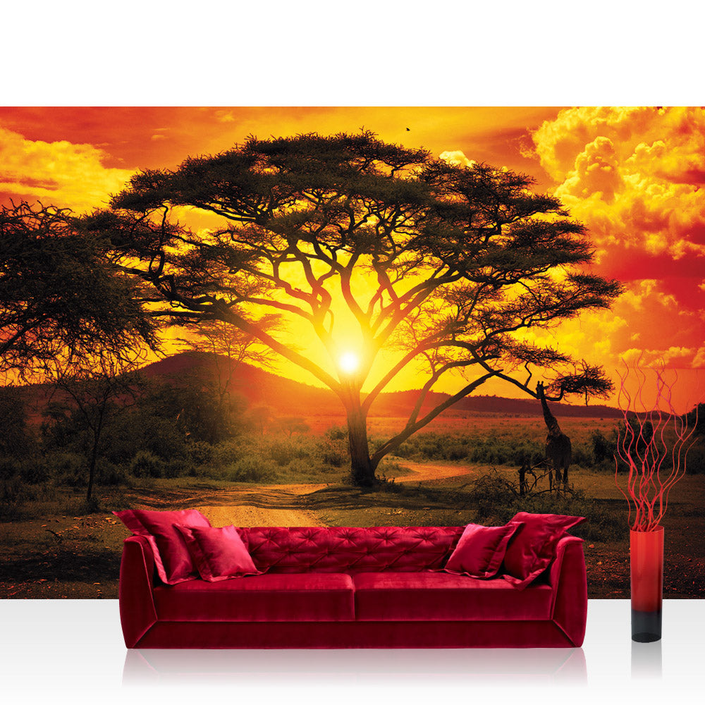 Papier peint photo intissé Afrique papier peint coucher de soleil arbre chemin girafe savane ciel plante Afrique jaune