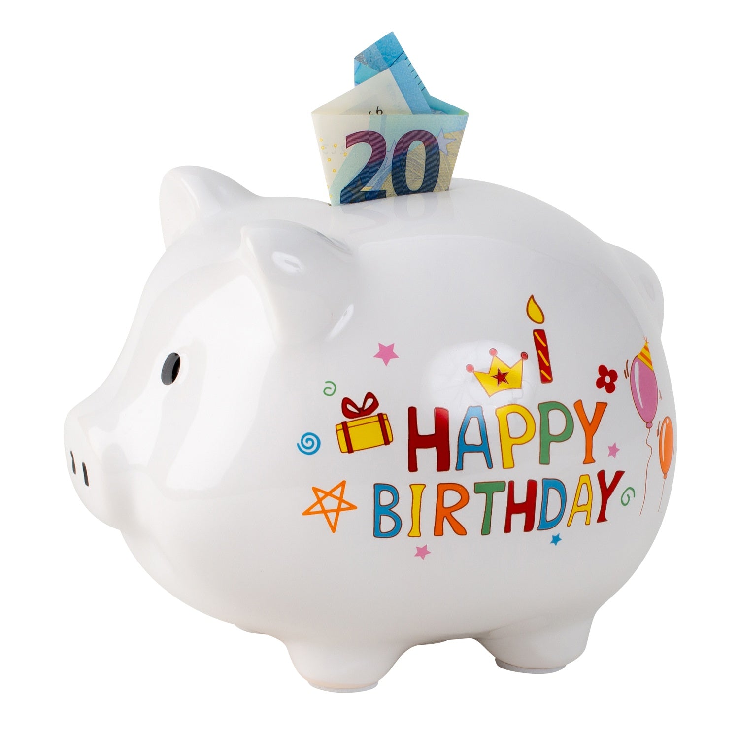 Piggy bank money box funny pig Happy Birthday made of ceramic white 18x14 cm