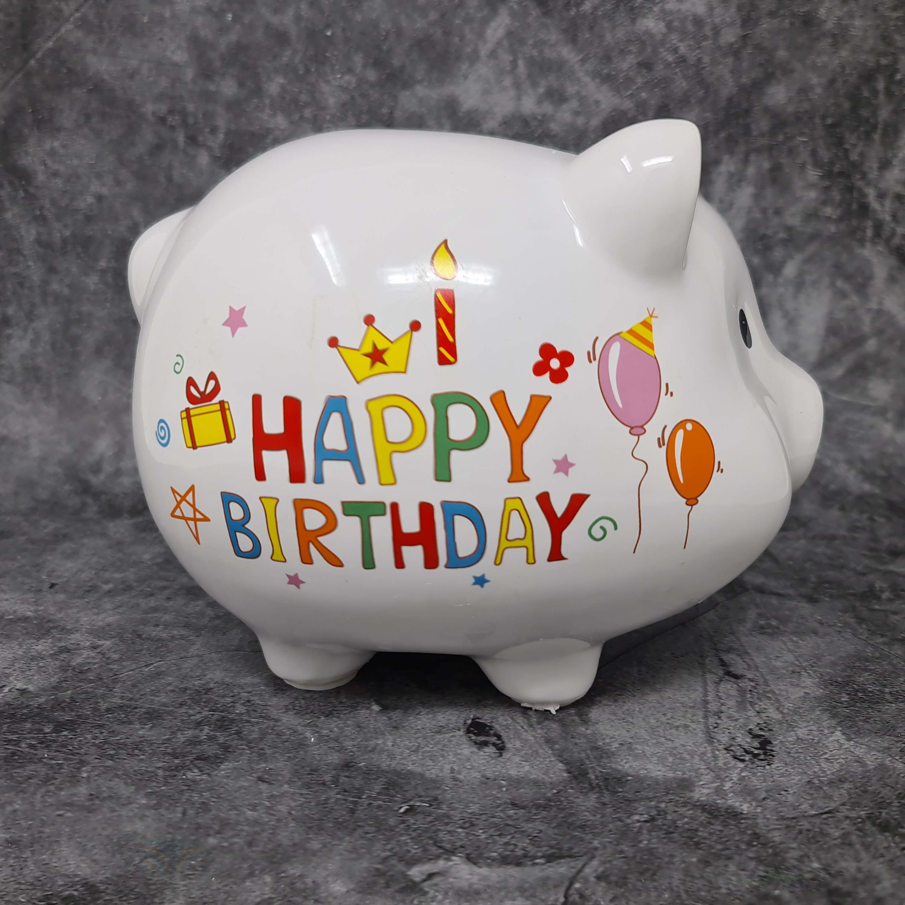 Piggy bank money box funny pig Happy Birthday made of ceramic white 18x14 cm