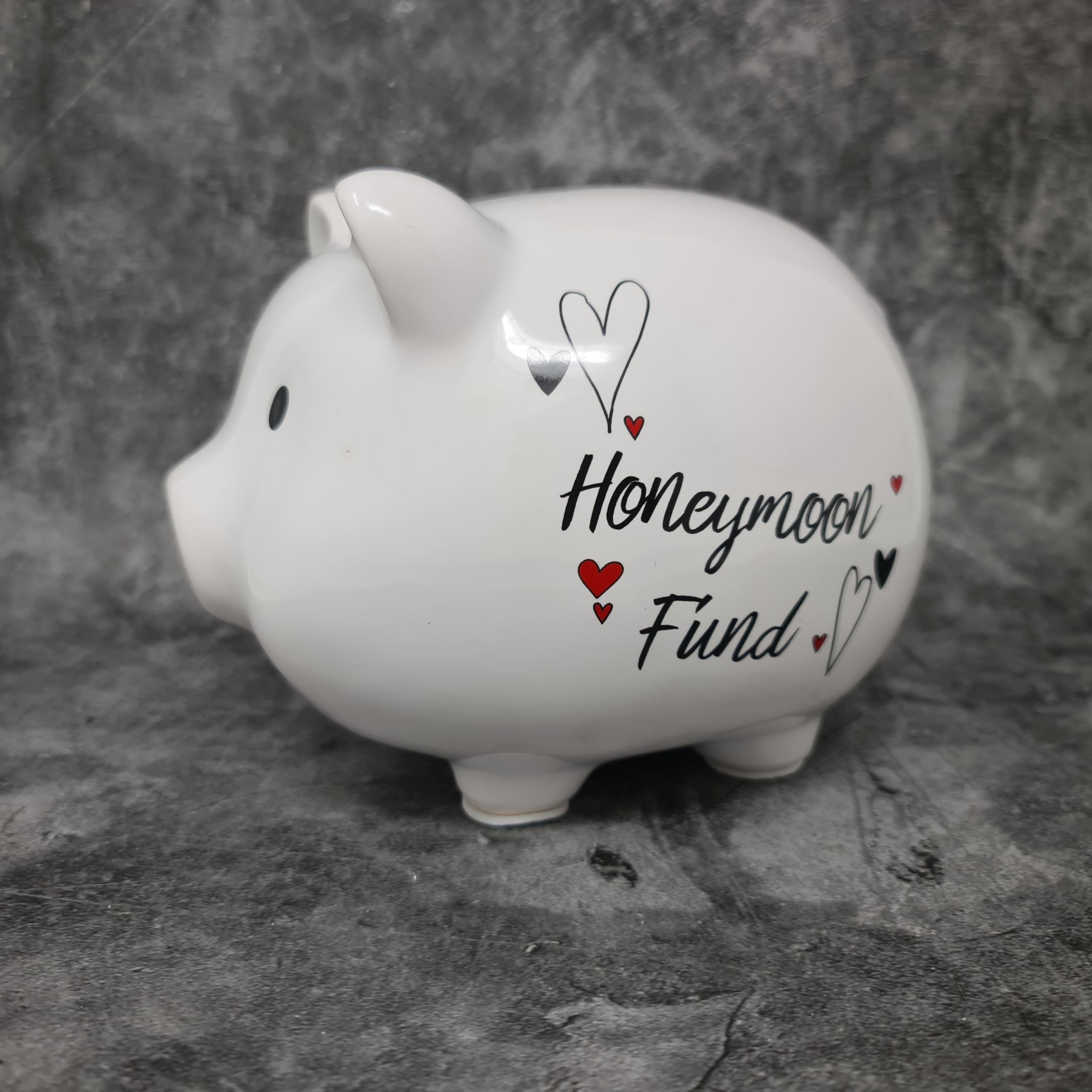 Piggy bank money box funny pig Honeymoon Fund made of ceramic white 18x14 cm