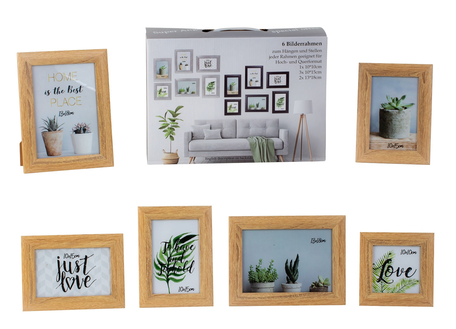 Modern picture frame photo frame set 6 pieces for standing and hanging including gift box light brown