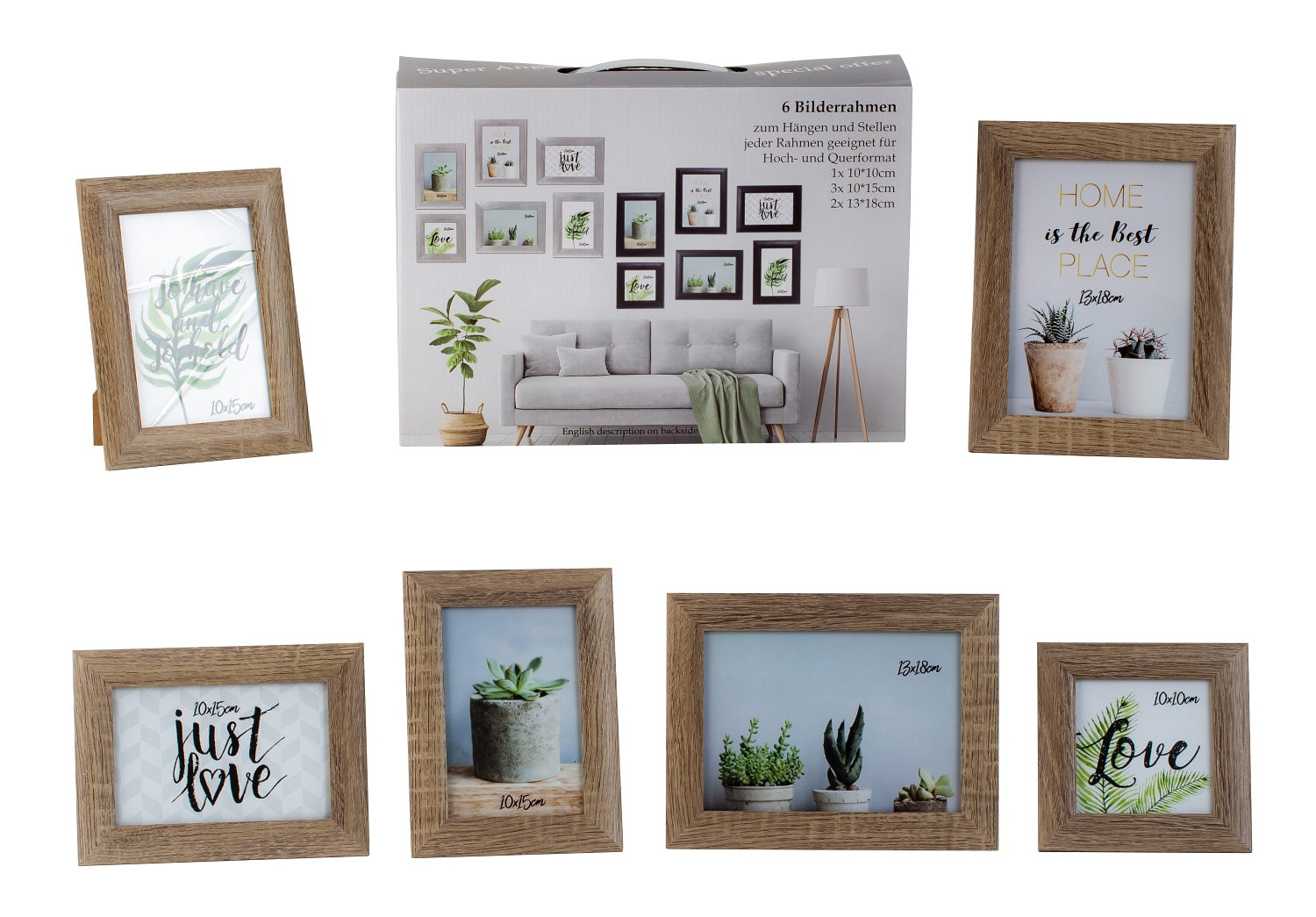 Modern picture frame photo frame set 6 pieces for standing and hanging including gift box brown