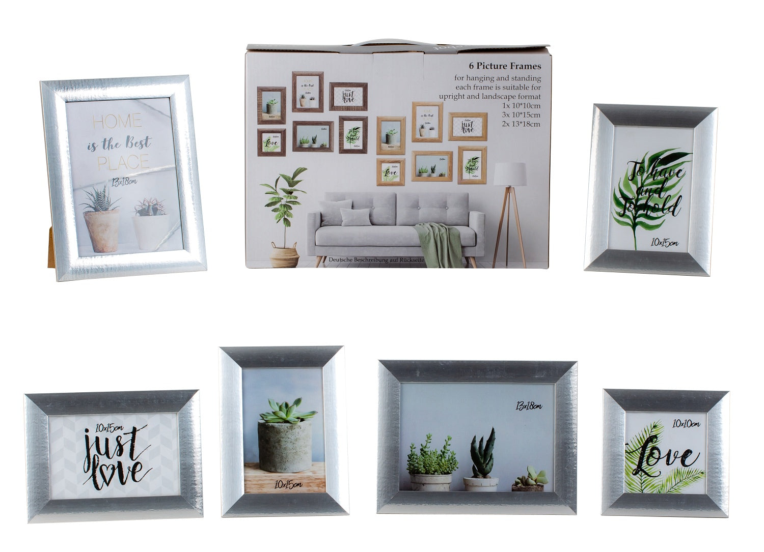 Modern picture frame photo frame set 6 pieces for standing and hanging including gift box silver