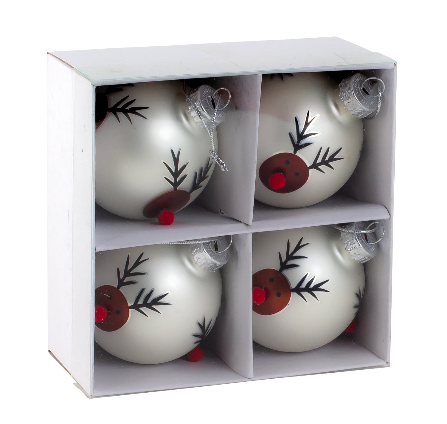 Boules de Noël modernes, boules de sapin de Noël, boules en verre, SET de 4, couleur argent, motif renne, 6 cm