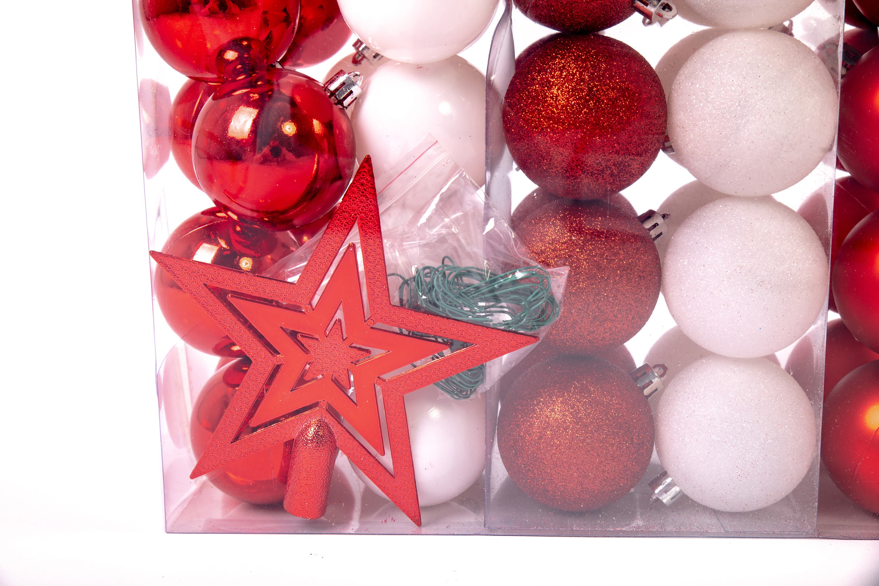 Grand set de boules de Noël 61 pièces Ø 6 cm blanc/rouge avec décorations pour sapin de Noël en dentelle étoilée