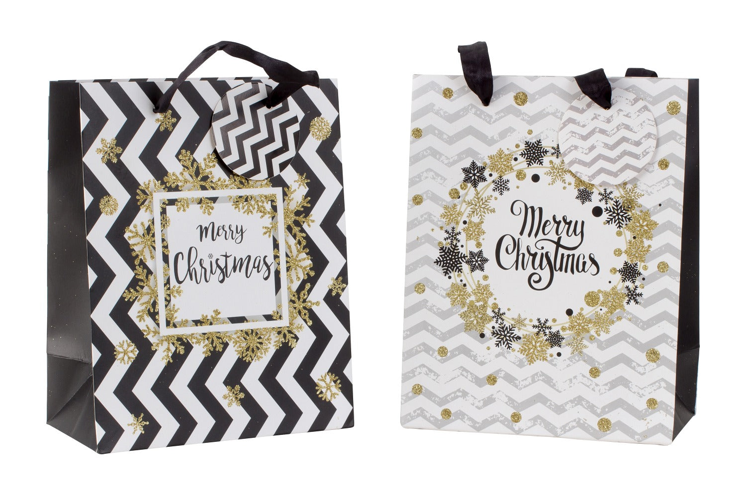 Christmas gift bag black and white/gold with glitter in a set of 4, dimensions 18x23x10cm 