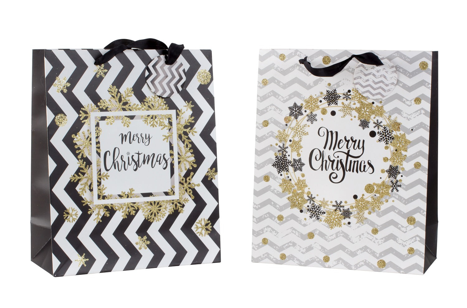 Christmas gift bag black and white/gold with glitter in a set of 4, dimensions 26x32x12cm 