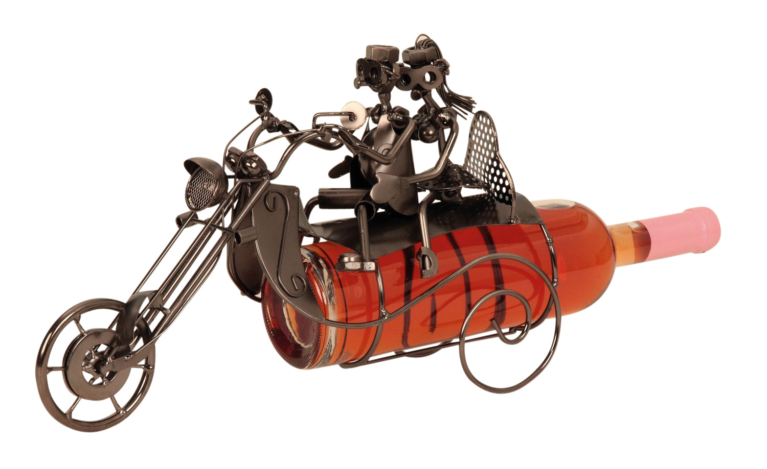 Porte-bouteille de vin moderne moto avec paire en métal argenté, hauteur 23 cm, largeur 36 cm