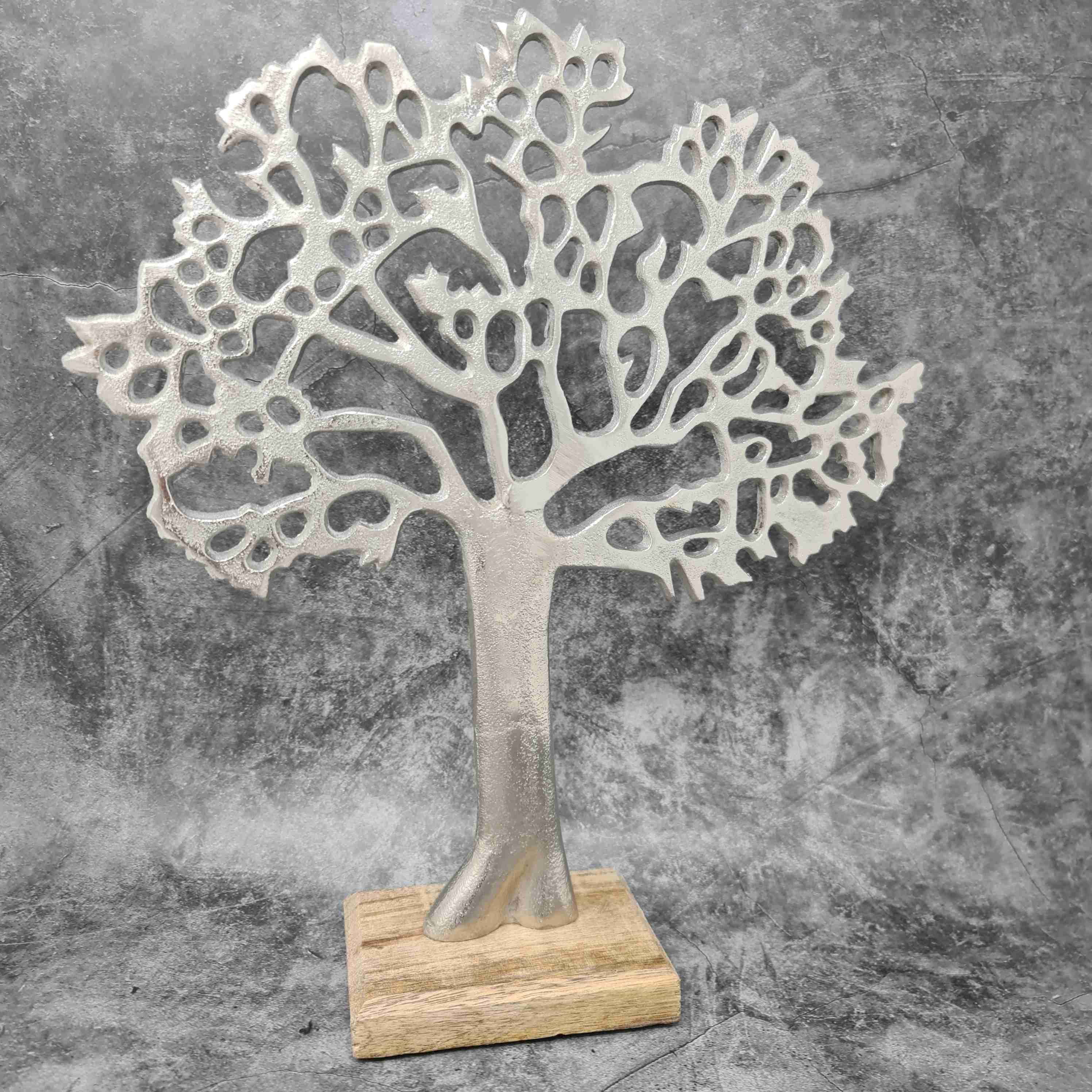 Modern sculpture decorative figure tree of life made of mango wood and aluminium height 34 cm