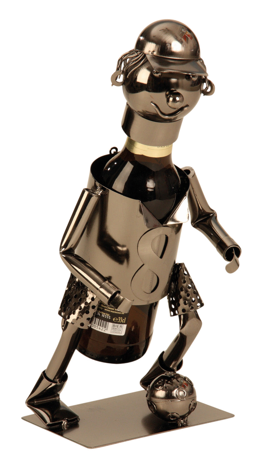 Modern beer bottle holder bottle stand football player made of metal made of silver height 18.5 cm