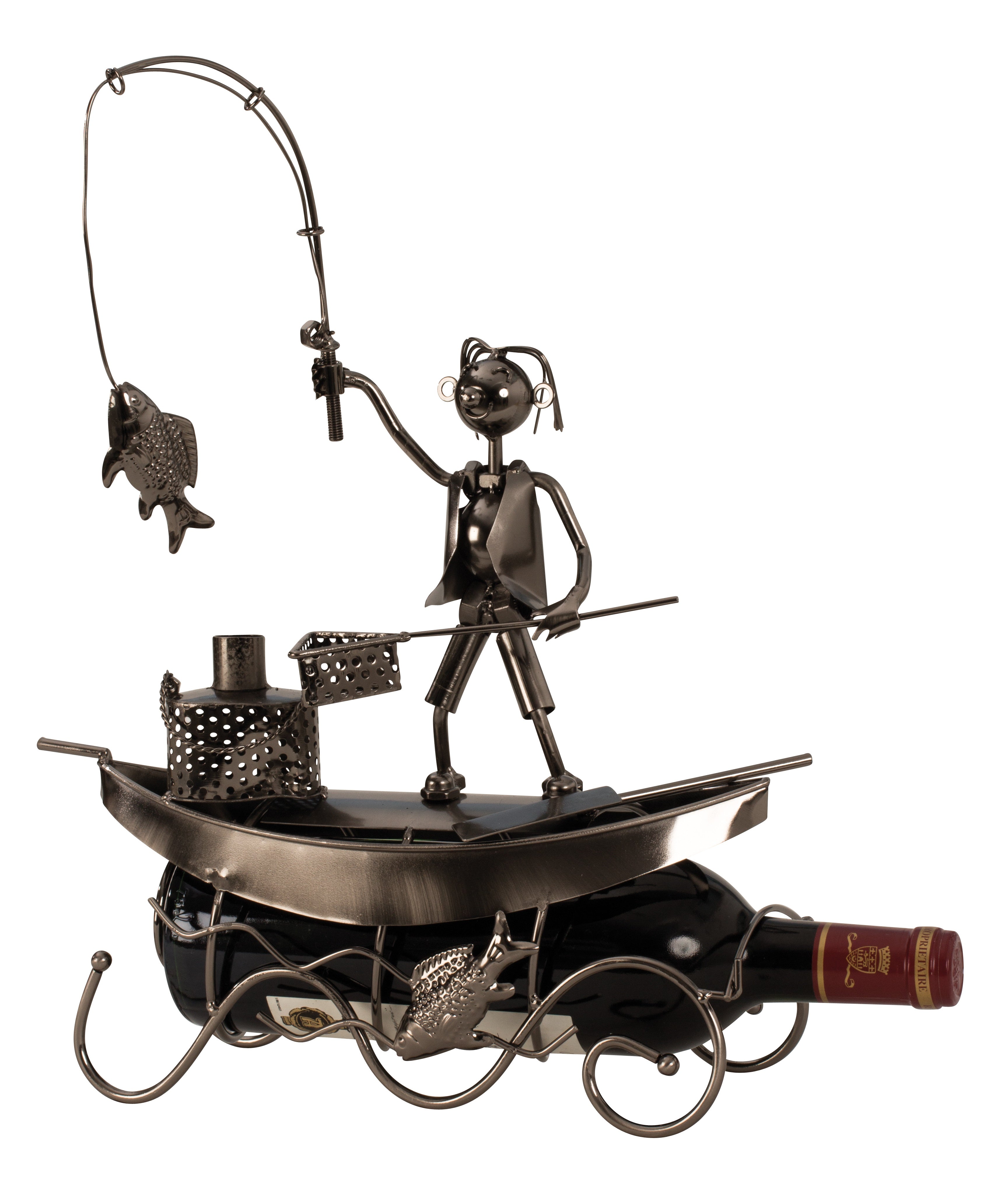 Modern wine bottle holder fisherman in boat made of metal in silver height 39 cm width 29.5 cm