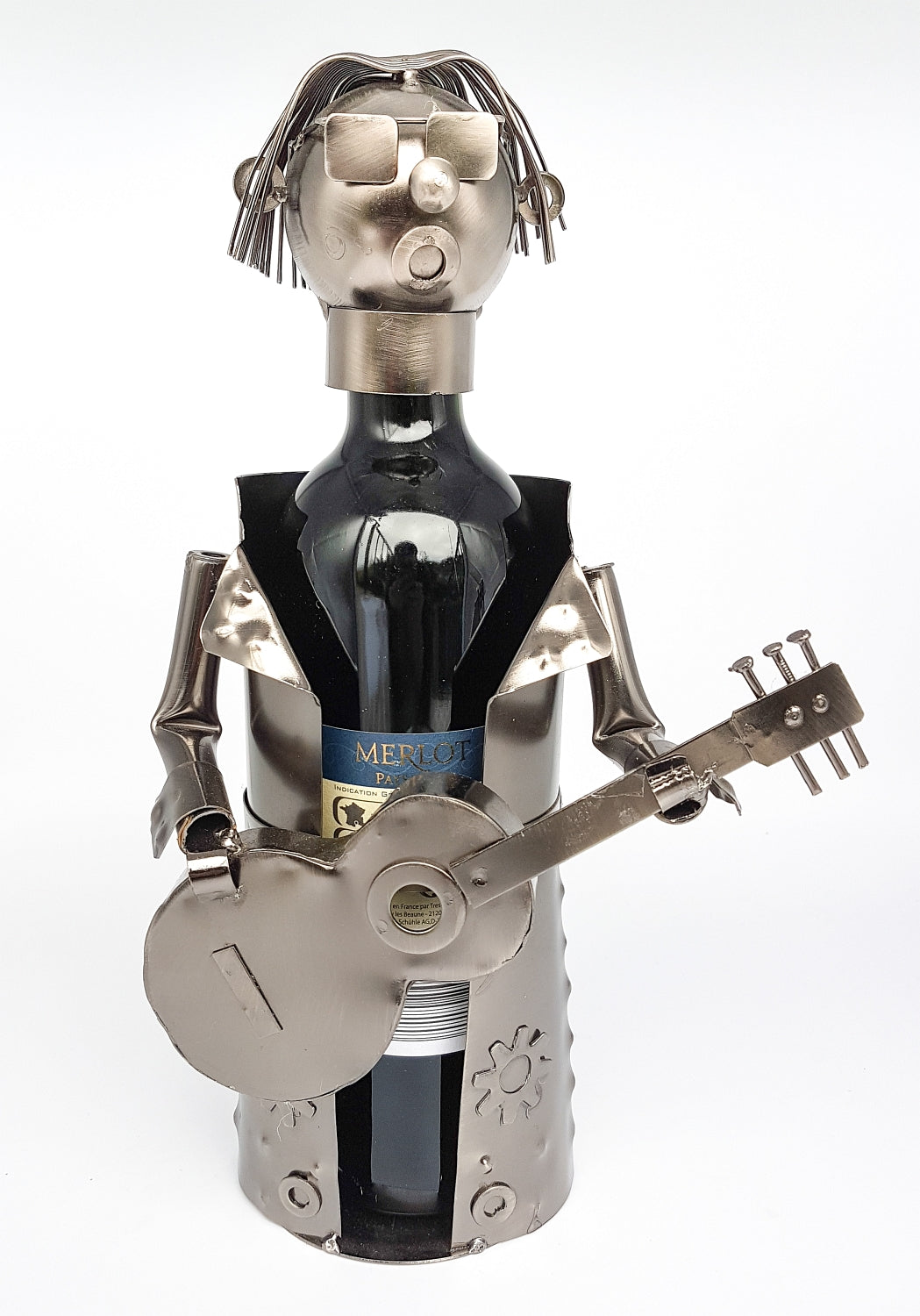 Modern wine bottle holder bottle stand guitarist made of metal in silver height 31.5 cm