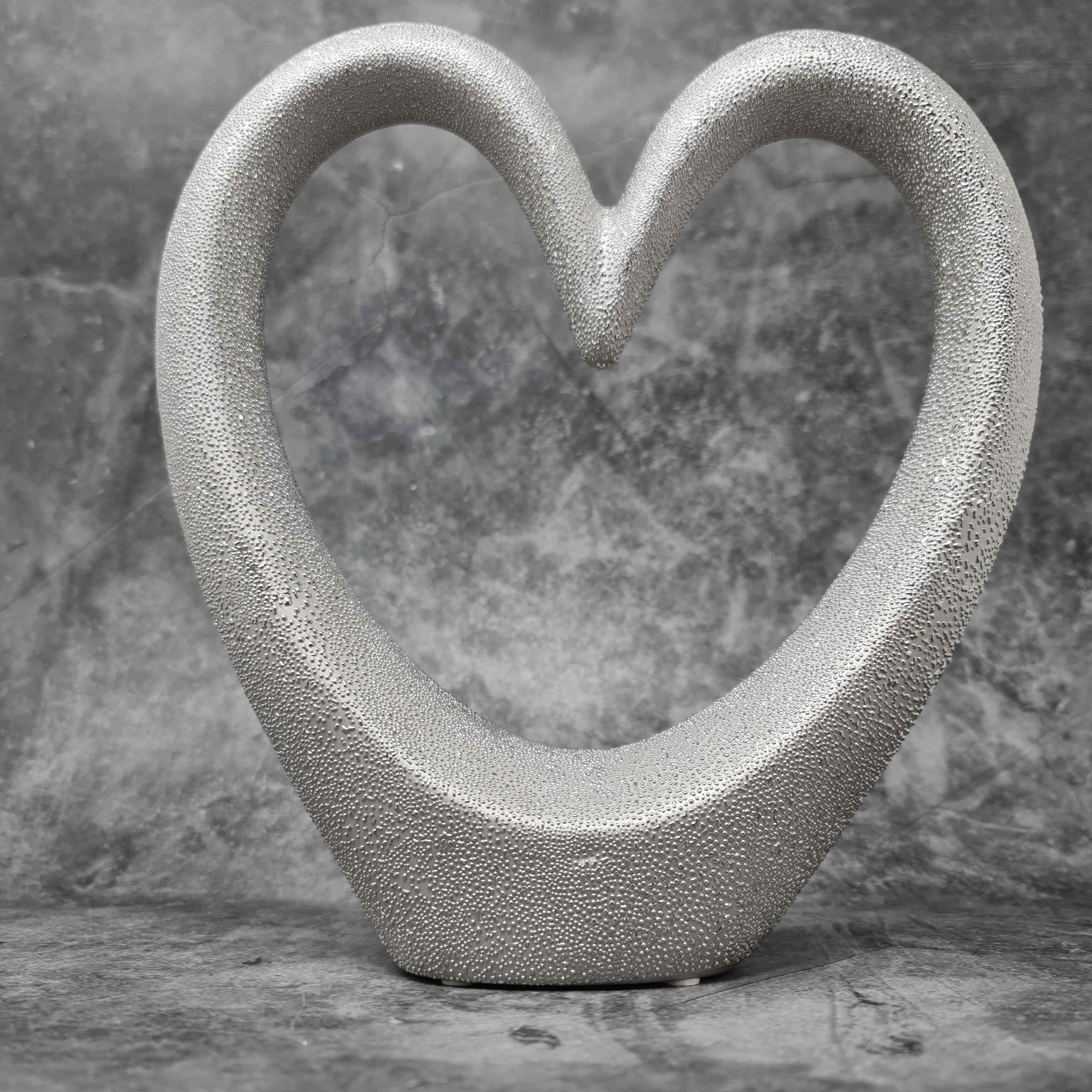 Modern heart sculpture decorative figure made of ceramic with pearl structure in silver Height 22 cm Width 22 cm