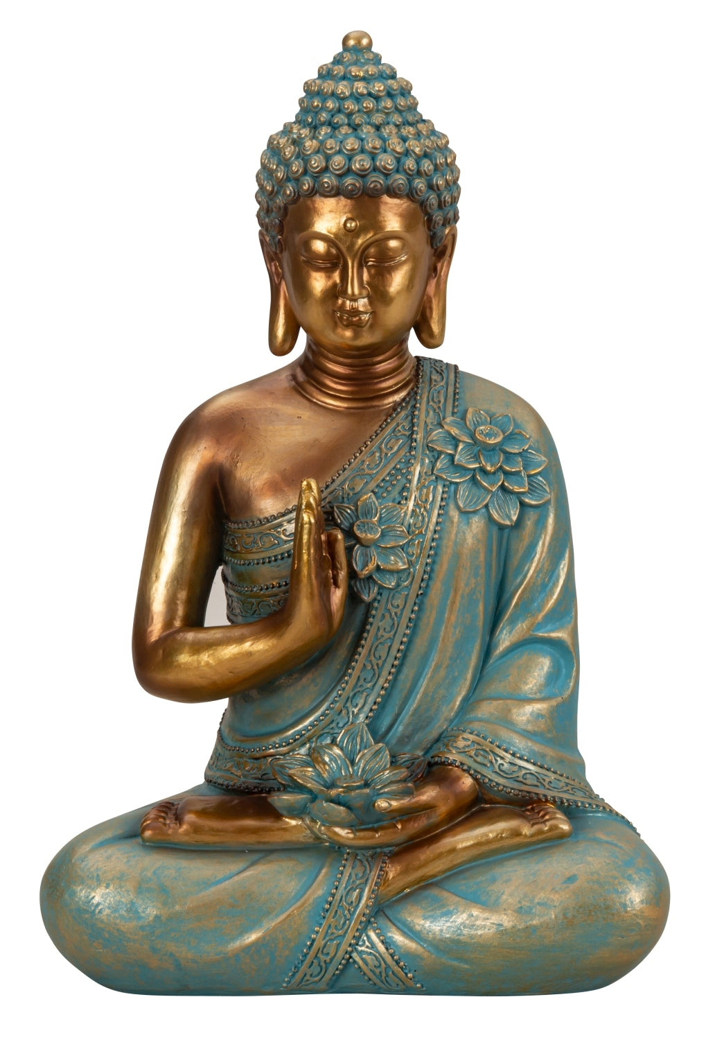 Sculpture figure décorative Bouddha en pierre artificielle or/vert menthe hauteur 31cm largeur 21cm