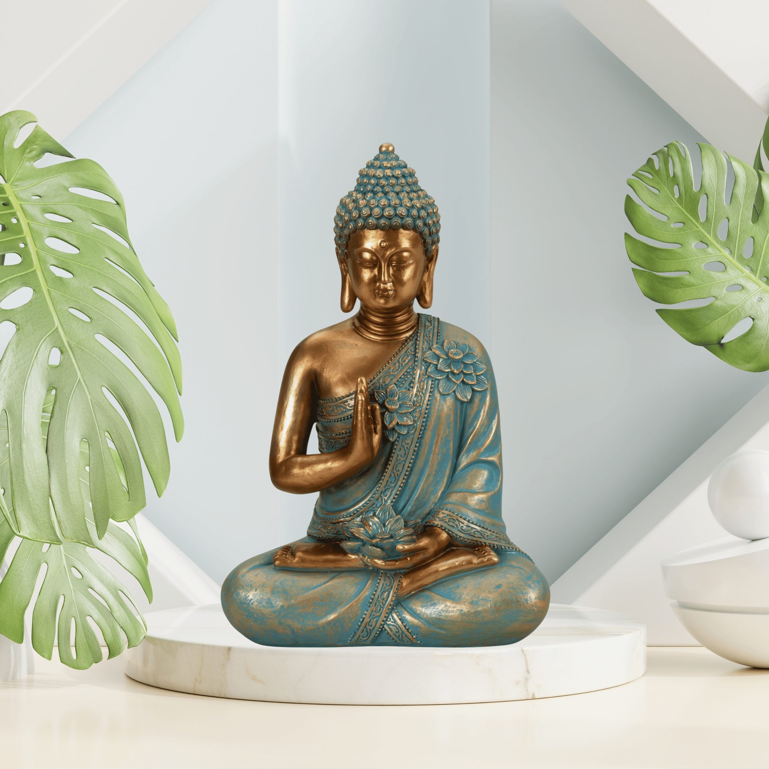 Sculpture decorative figure Buddha made of artificial stone gold/mint green height 31cm width 21cm