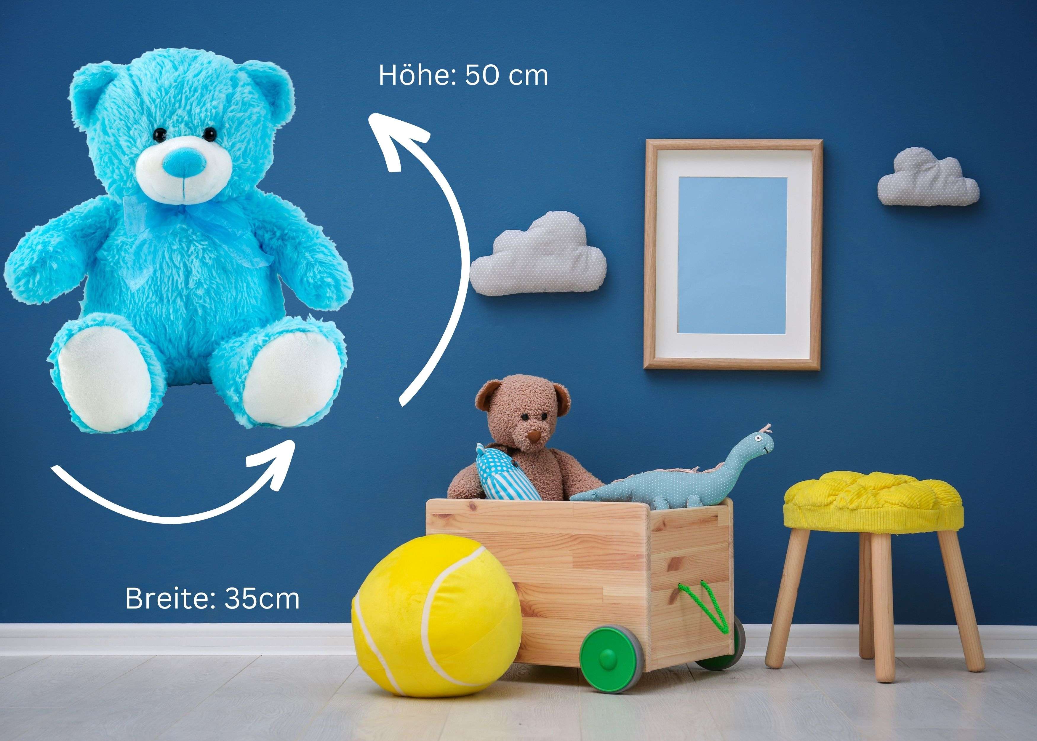 Ours en peluche bleu avec nœud de 50 cm de haut, peluche douce et veloutée