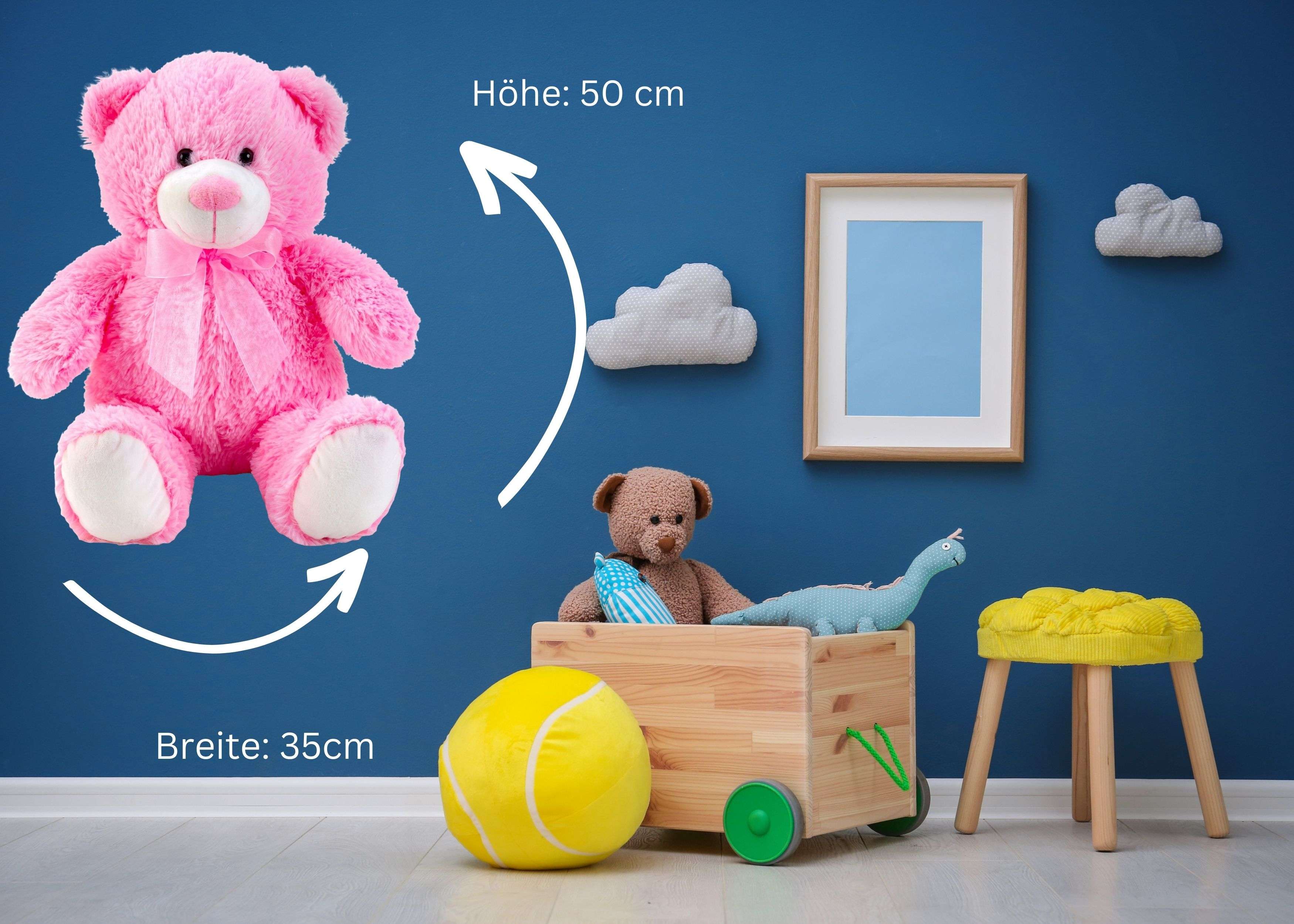 Ours en peluche rose avec nœud de 50 cm de haut, peluche douce et veloutée