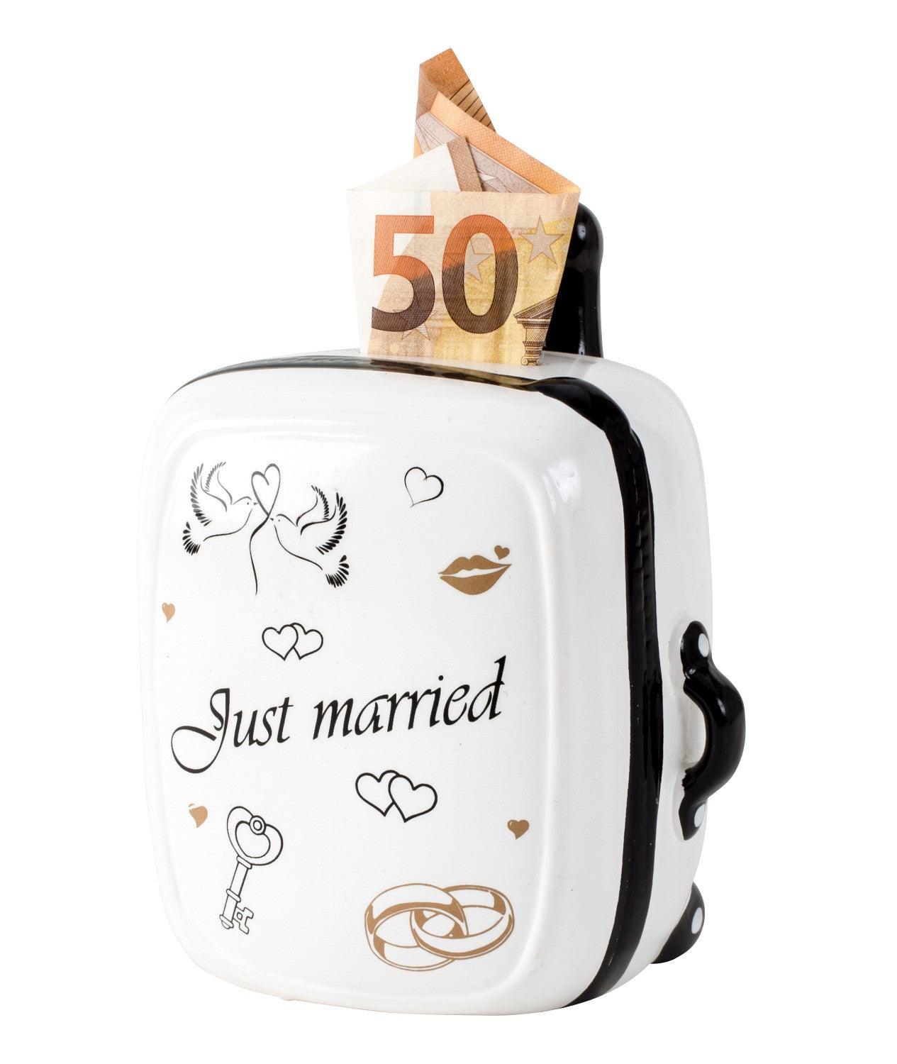 Modern money box piggy bank Just married for wedding made of white ceramic height 15 cm