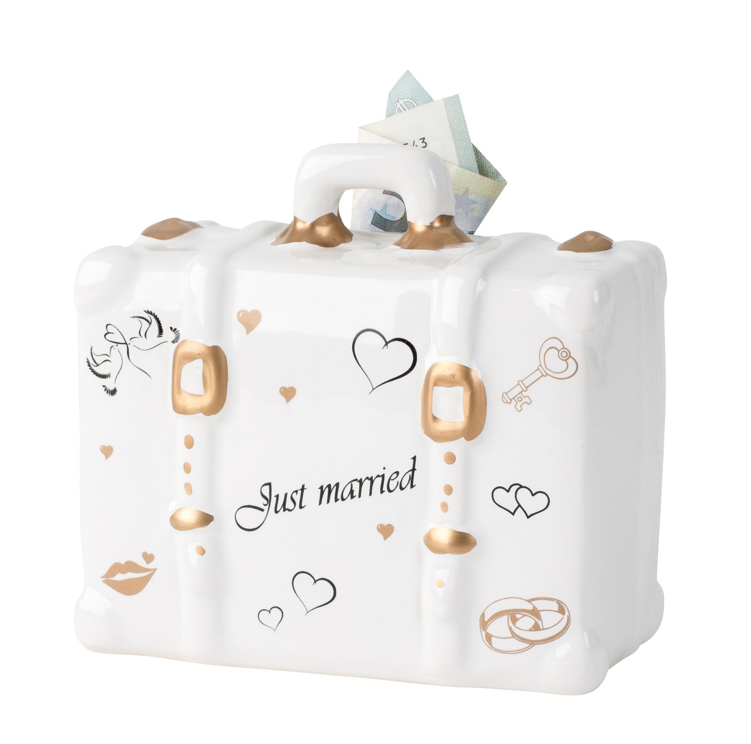 Modern money box piggy bank Just married for wedding made of ceramic white 15x11 cm