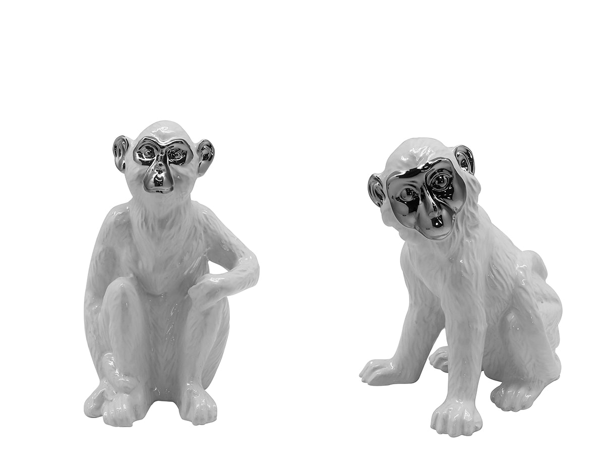 Modern sculpture decorative figure monkey made of ceramic white/silver 14x18 cm