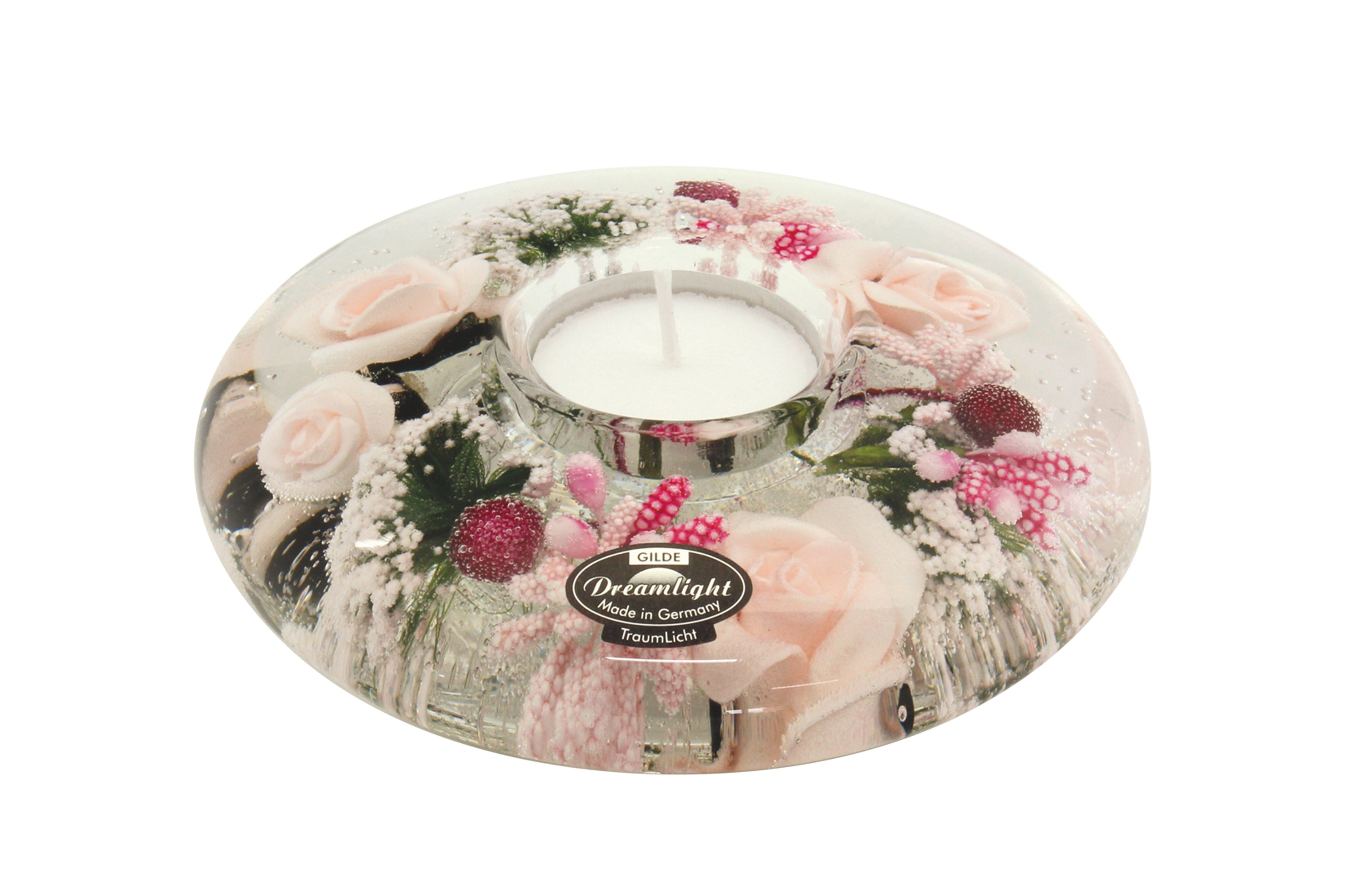 Modern tealight holder made of glass with roses and hearts diameter 13 cm