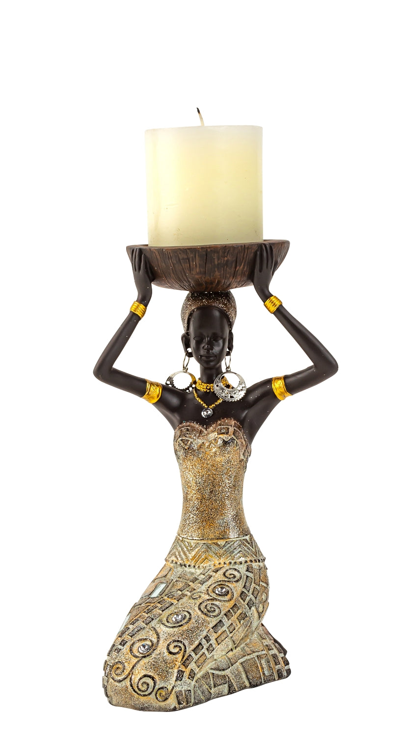 Sculpture moderne figure décorative femme africaine or/marron hauteur 22 cm