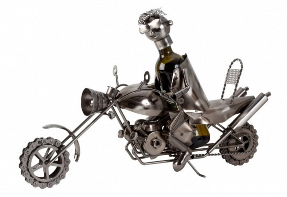 Wine bottle holder bottle stand motorcycle made of metal in silver length 61 cm height 41 cm