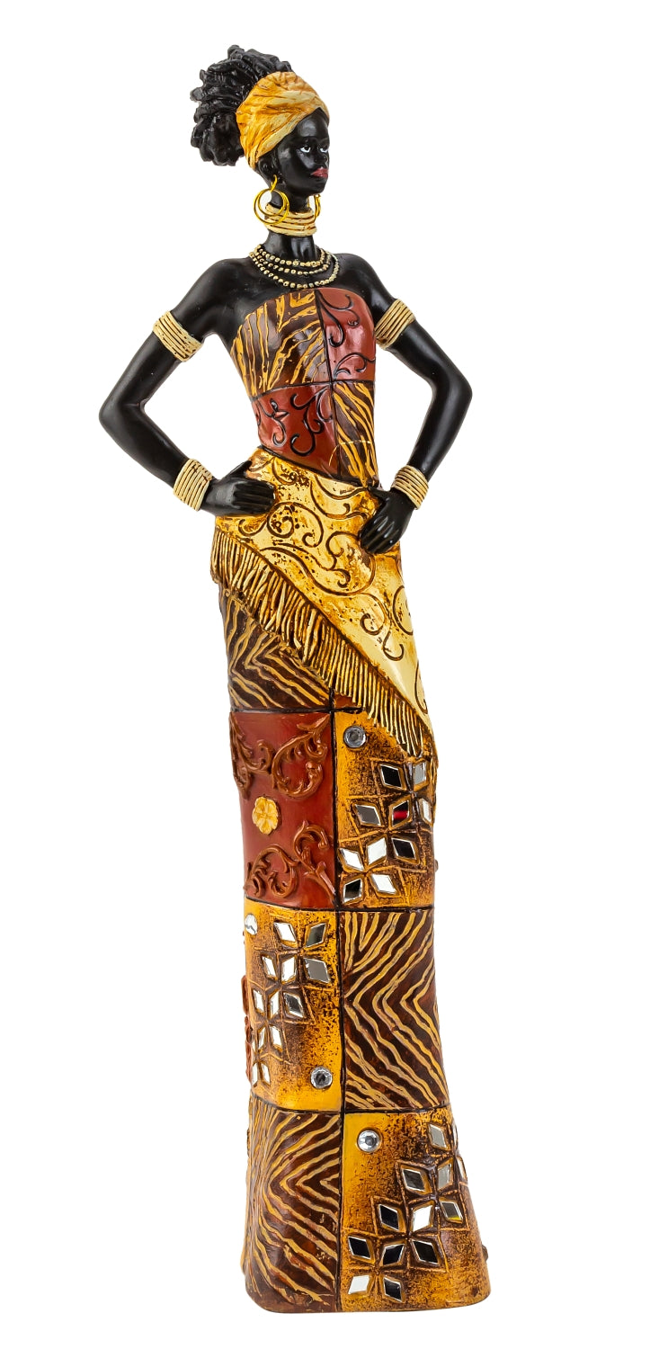 Sculpture moderne figure décorative d'une femme africaine debout avec des vêtements colorés, hauteur 35 cm