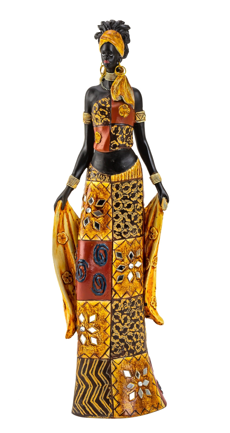 Sculpture décorative moderne représentant une femme africaine debout avec des vêtements et des tissus colorés, hauteur 35 cm