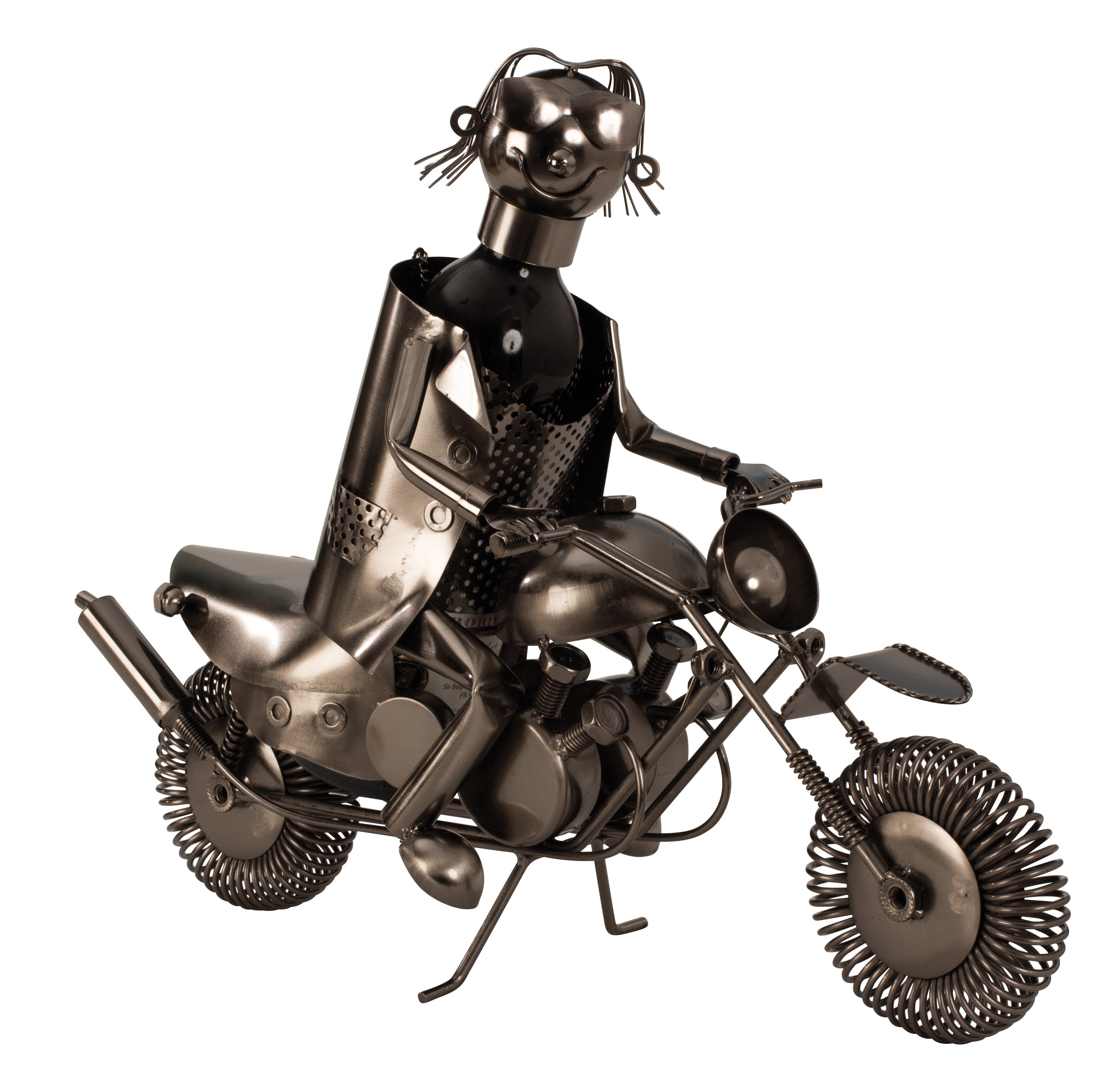 Modern wine bottle holder motorcyclist made of metal in silver height 36 cm length 47 cm