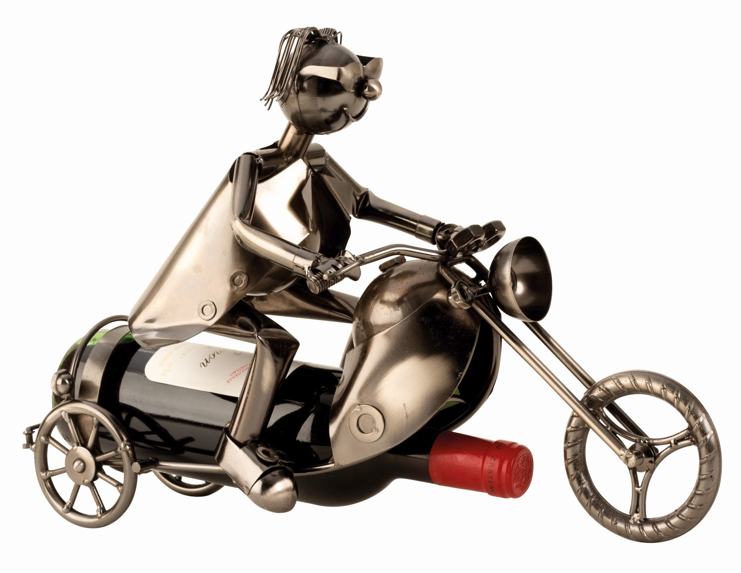 Modern wine bottle holder bottle stand motorcyclist made of metal in silver height 27 cm length 40