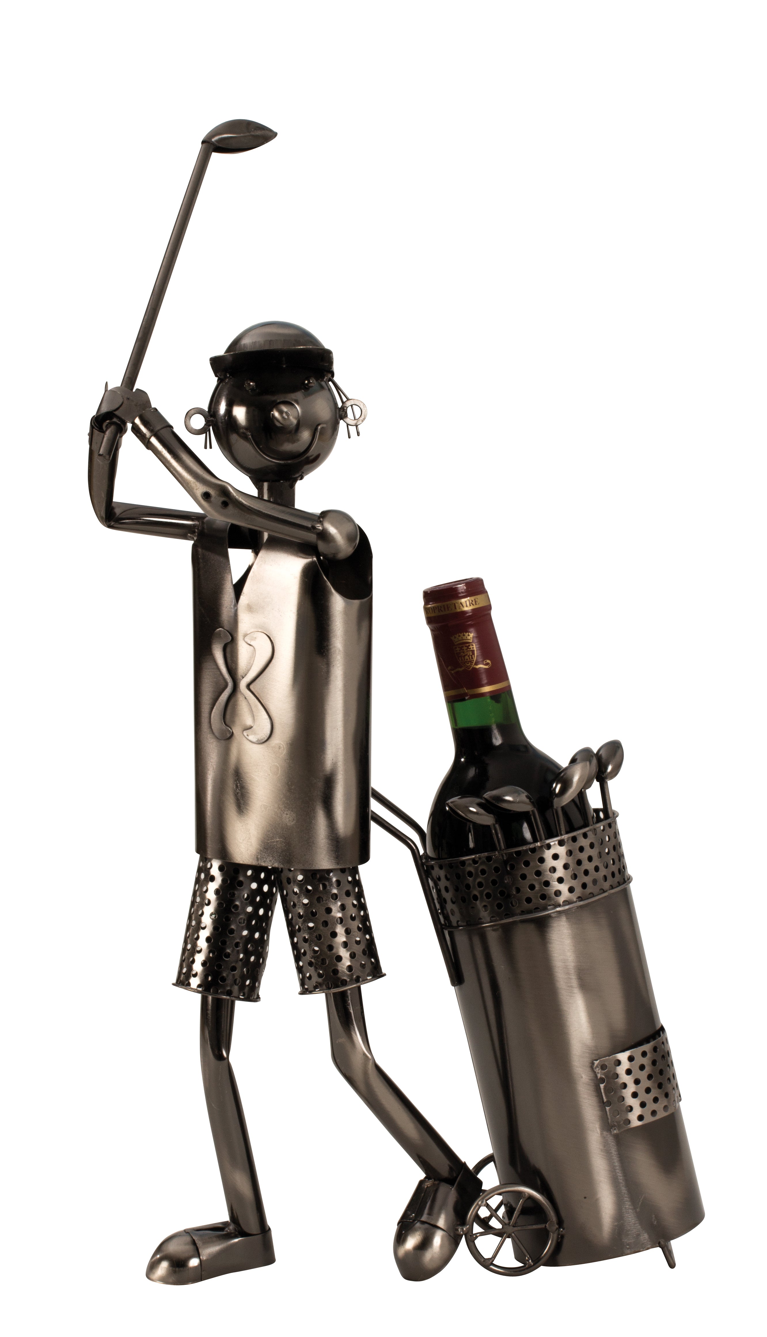 Modern wine bottle holder bottle stand golf player made of metal in silver height 53 cm