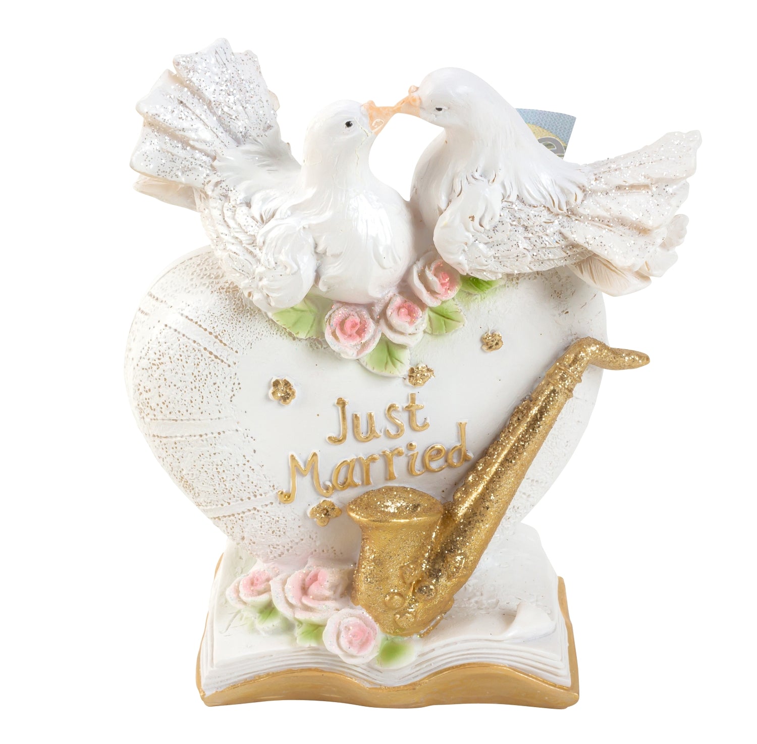 Beautiful money box piggy bank decorated with doves for wedding white/gold 13x15 cm