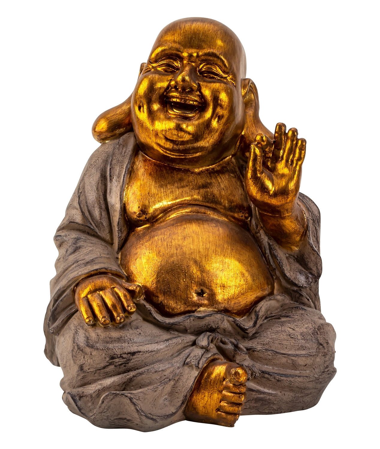 Sculpture moderne figure décorative Bouddha en pierre artificielle or/gris hauteur 33 cm largeur 25 cm