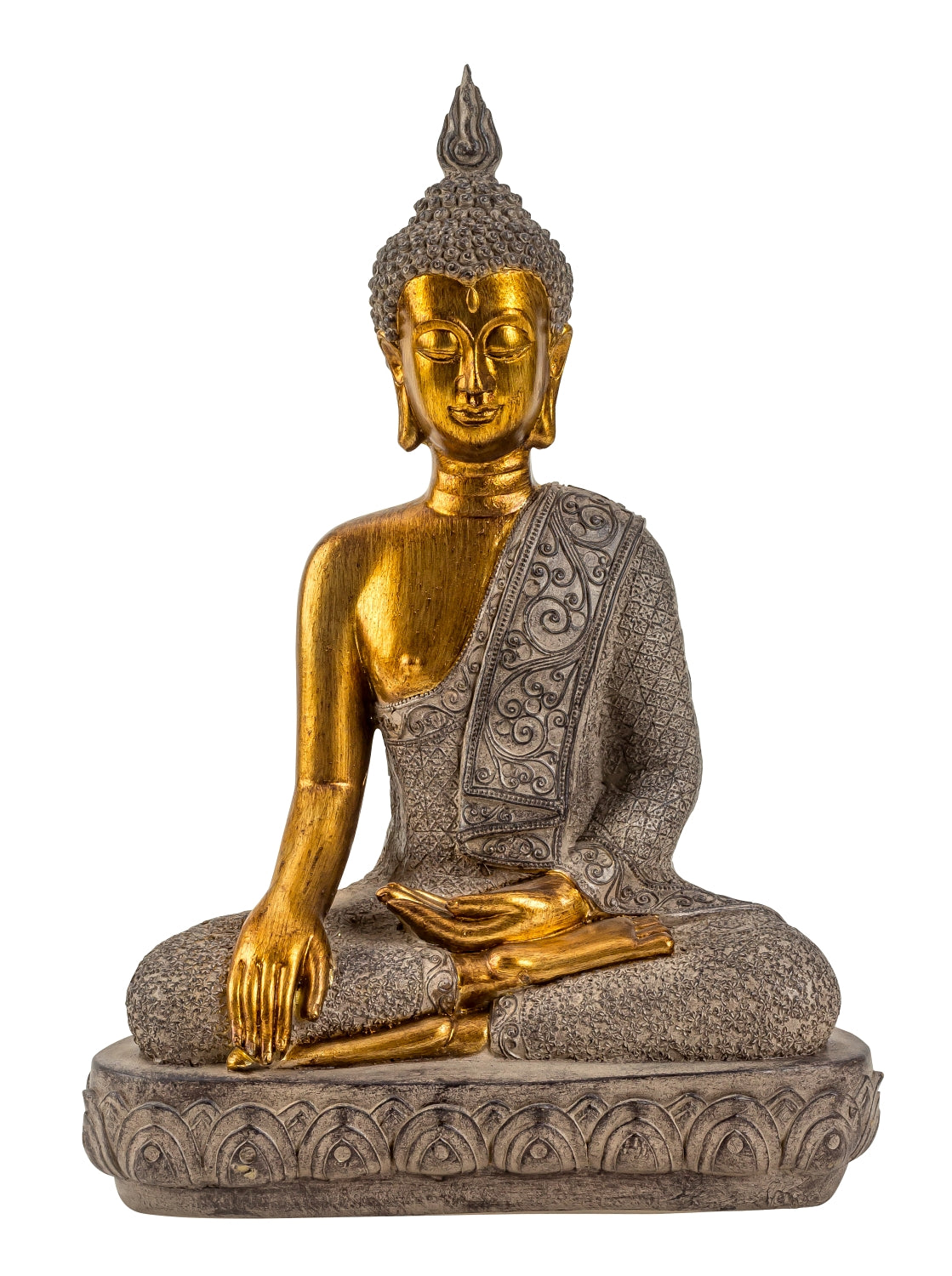 Moderne Skulptur Dekofigur Buddha aus Kunststein Gold/grau Höhe 40 cm Breite 27 cm