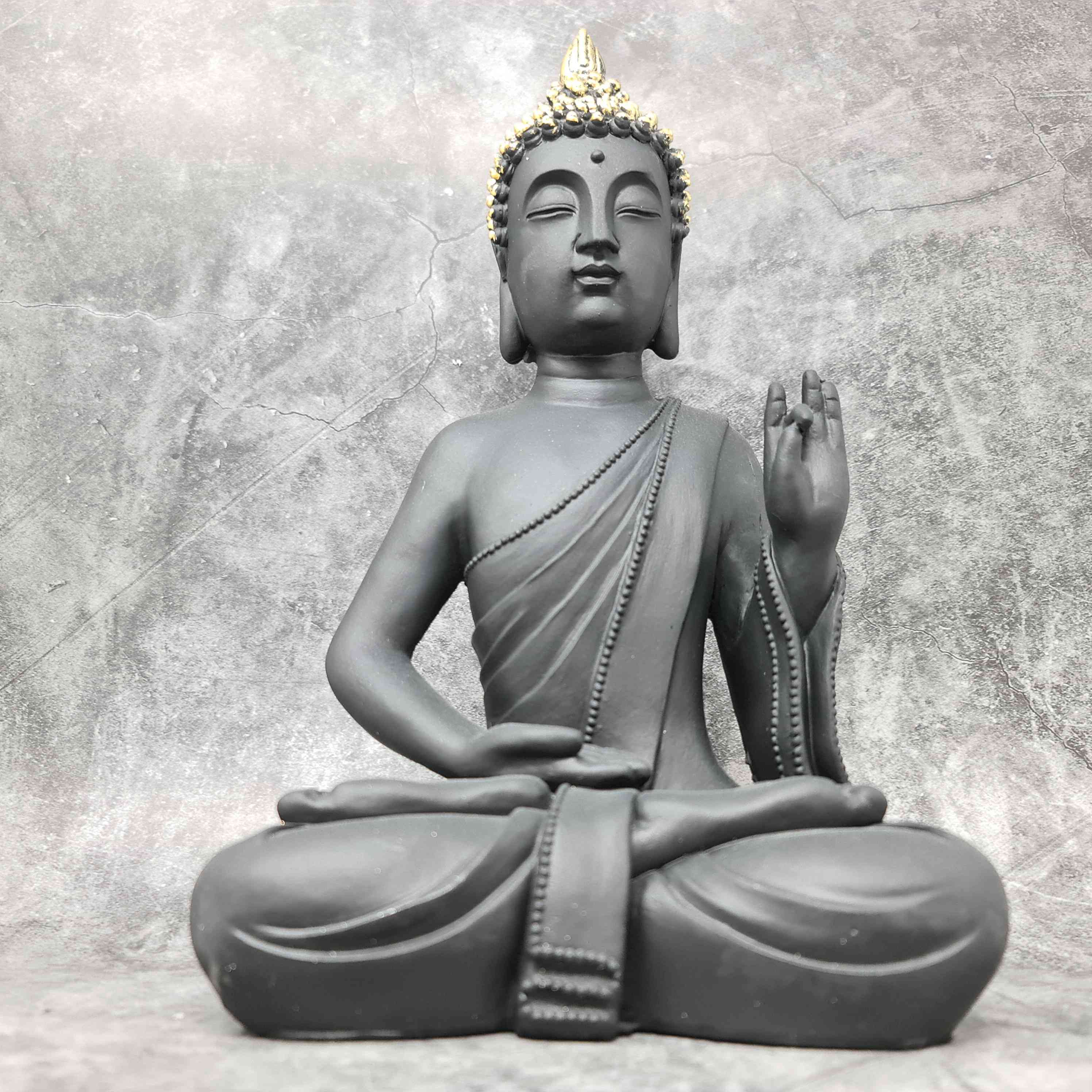 Modern sculpture decorative figure Buddha made of artificial stone black/gold height 31 cm width 19 cm