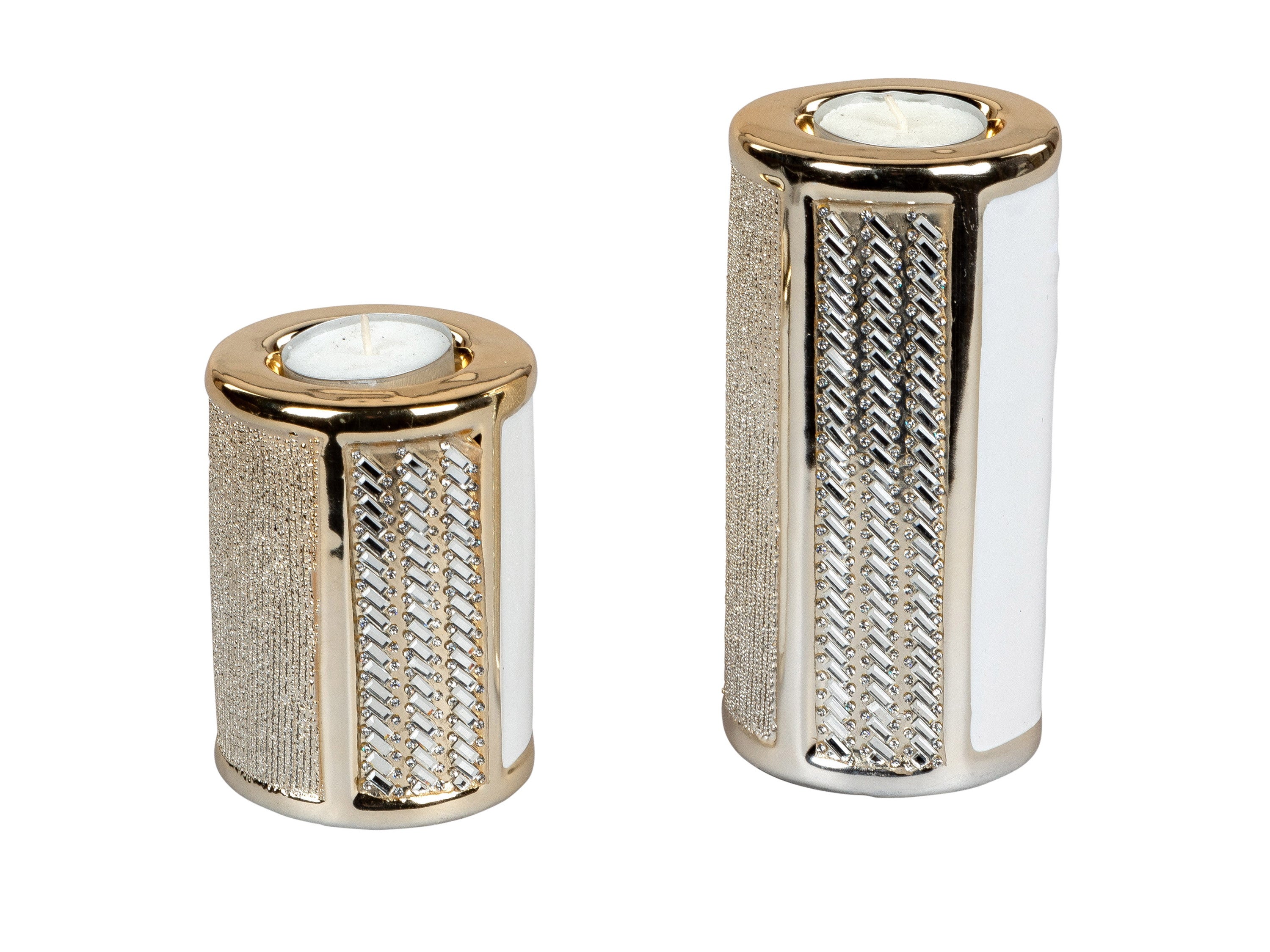 Modern tealight holder tealight lamp lantern in a set of 2 made of ceramic white/gold height 10 cm + 15