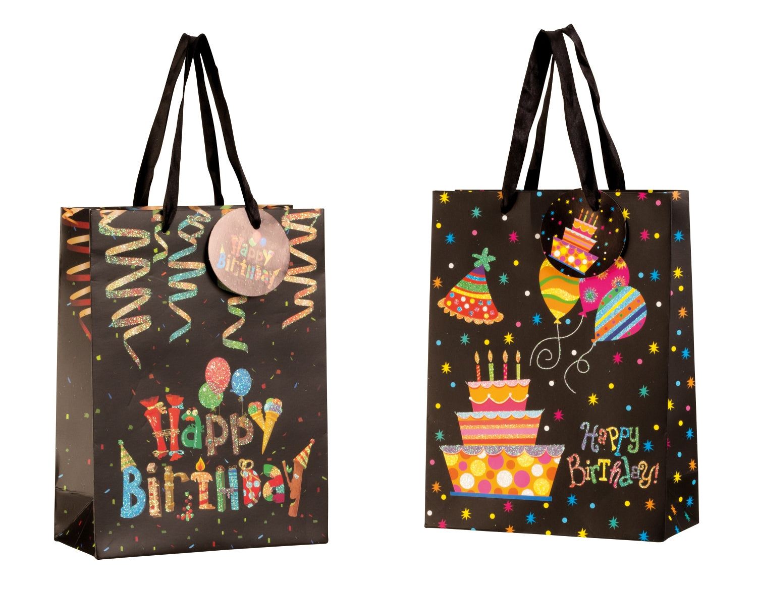 Modern Happy Birthday gift bags in a set of 4, dimensions 18x24x8cm