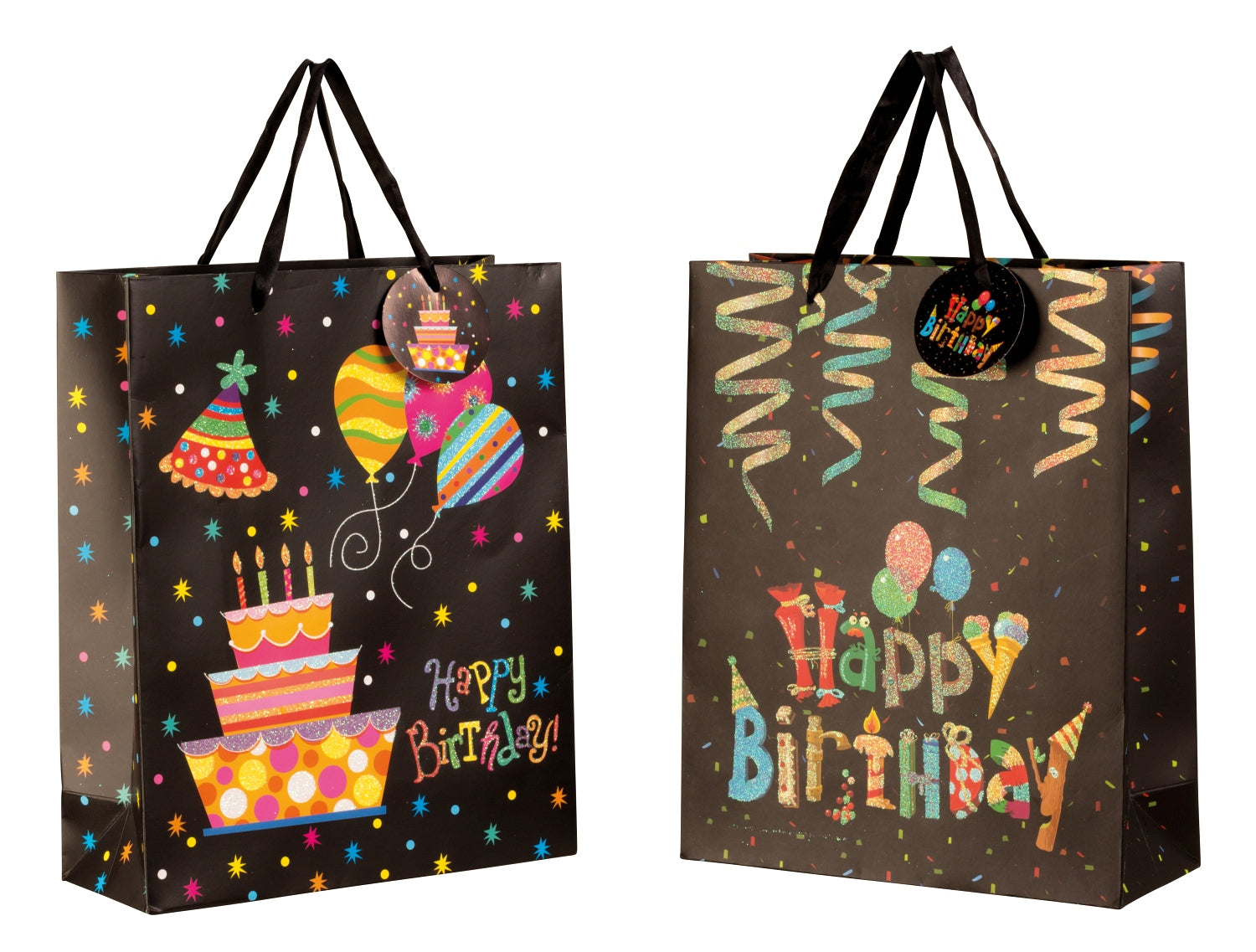 Modern Happy Birthday gift bags in a set of 4, dimensions 26x32x10cm