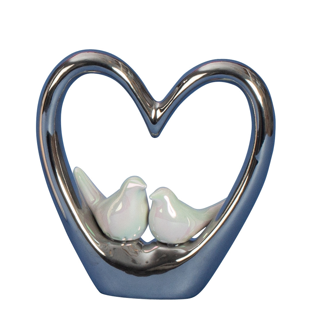 Modern sculpture decorative figure heart made of ceramic silver with 2 white birds 14x15 cm