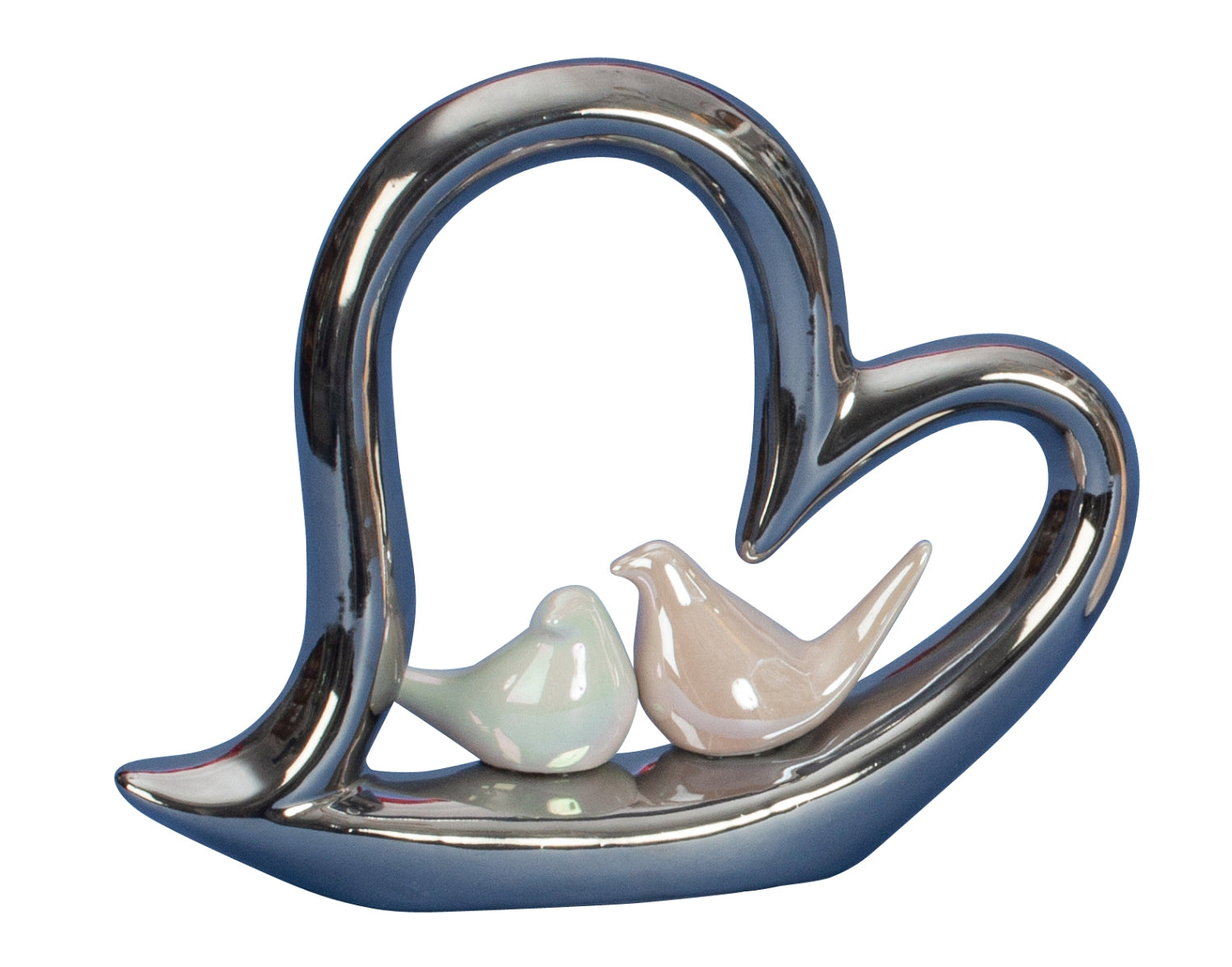 Modern sculpture decorative figure heart made of ceramic silver with 2 white birds 22x19 cm