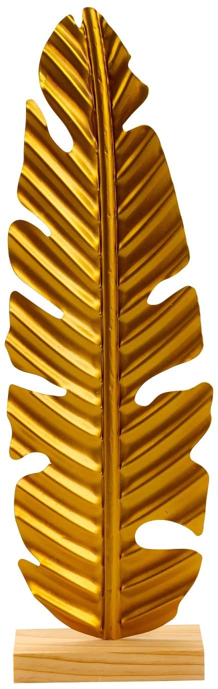 Modern sculpture decorative figure golden leaf made of metal and on wooden base 16x43 cm