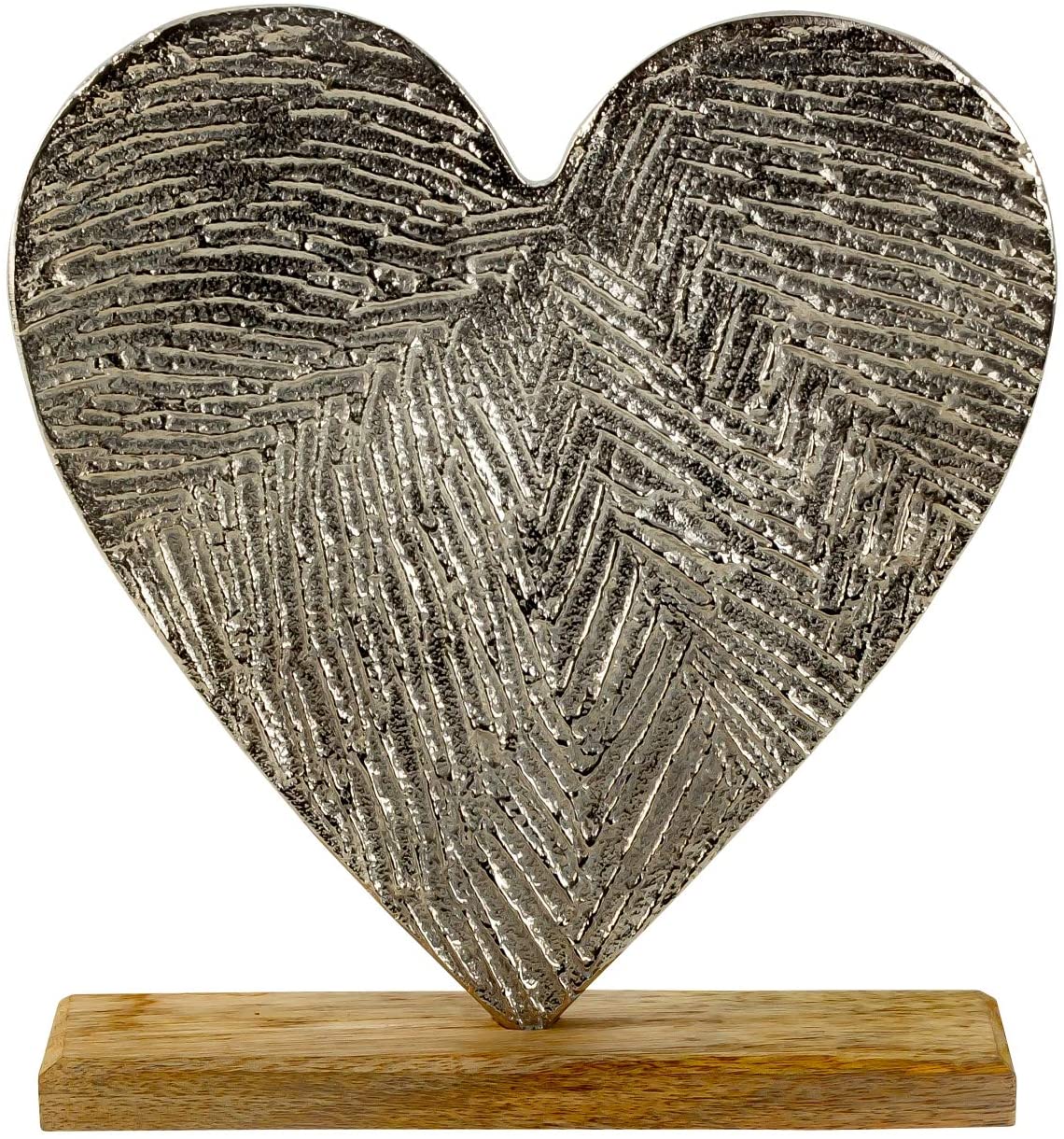 Sculpture moderne figure décorative coeur en aluminium sur socle en bois argent/marron 18x21 cm