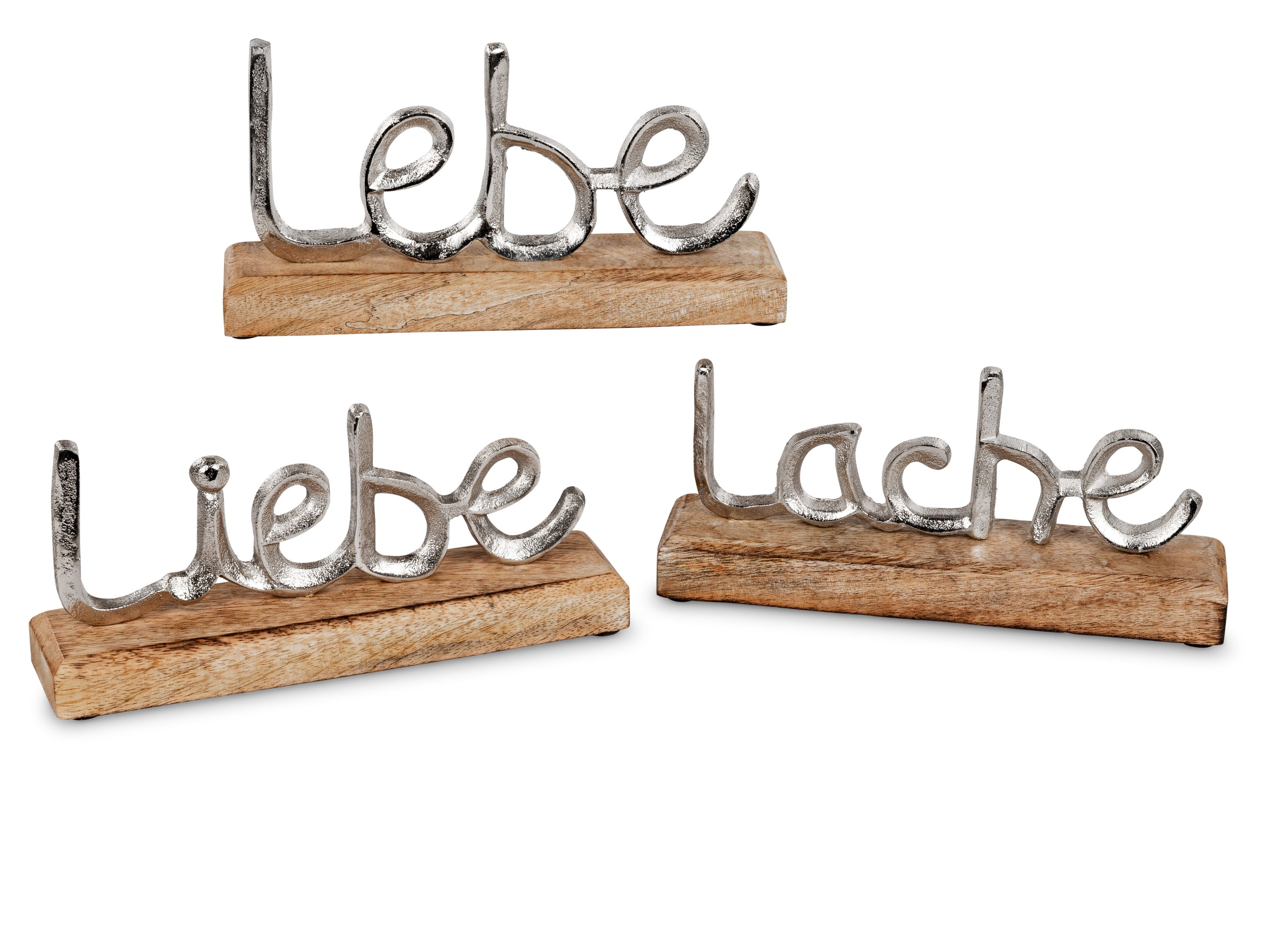 Support à lettres moderne Live Love Laugh dans un set argent sur bois de manguier longueur 23 cm