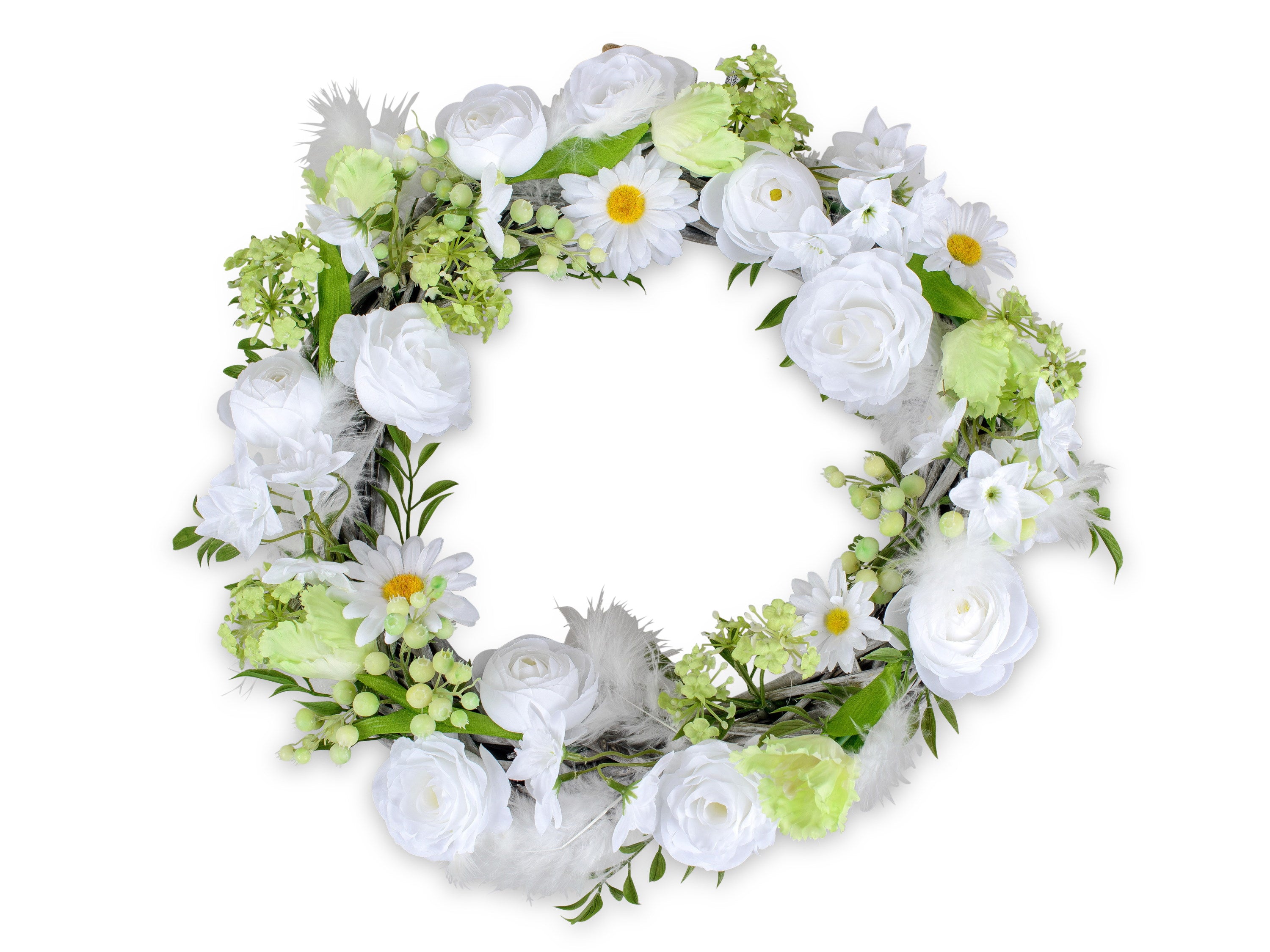 Beautiful summer wreath door wreath with many colorful flowers and leaves elaborately arranged