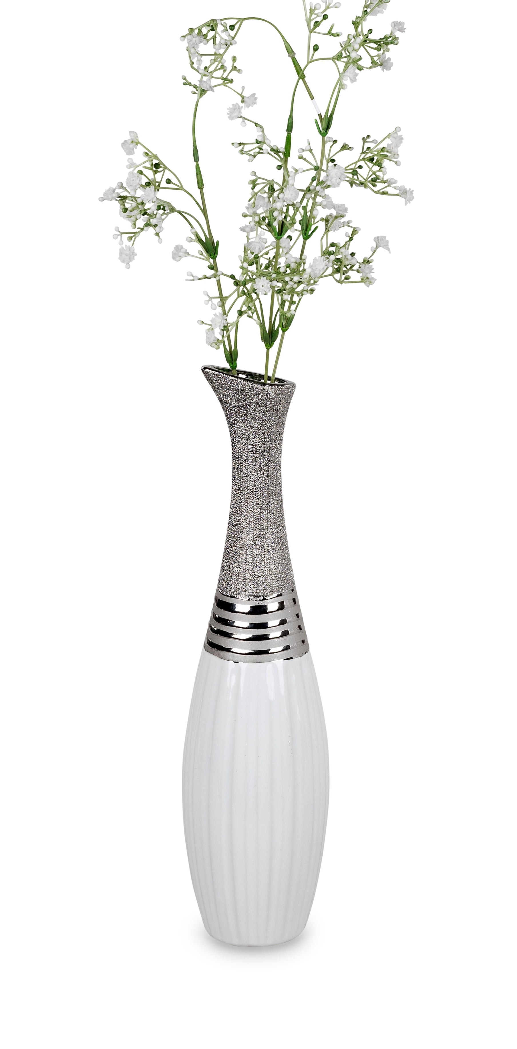 Moderne Dekovase Blumenvase Flaschenvase Vase aus Keramik weiß/silber 10x40 cm