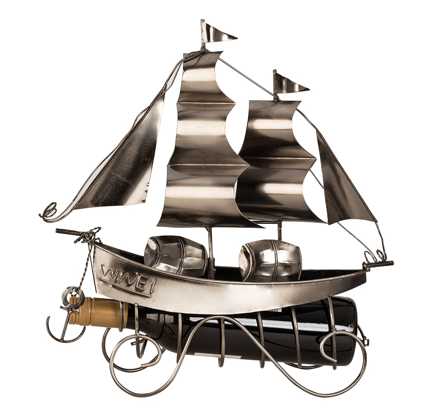 Modern wine bottle holder bottle stand sailing ship made of metal in silver height 38.5 cm