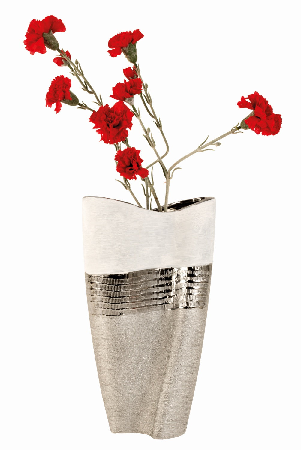 Moderne und große Deko Vase Blumenvase aus Keramik weiß/silber Höhe 35 cm